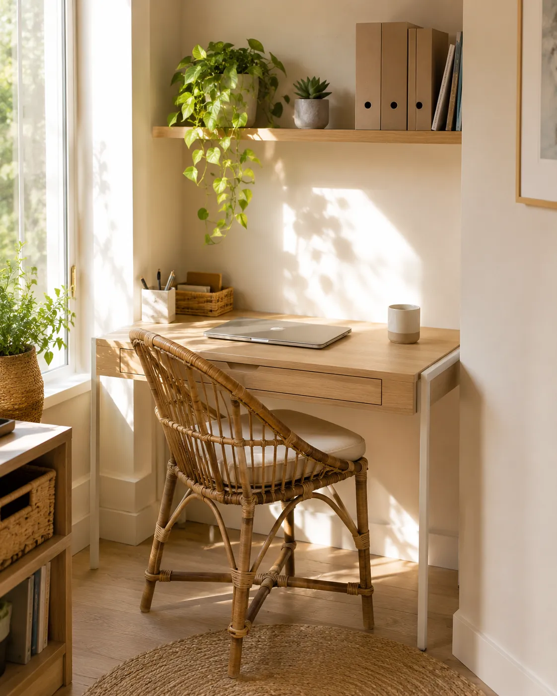 Un petit coin bureau amenage dans l'angle d'une piece claire, avec un bureau fin en bois clair, une chaise en rotin et une etagere de plantes et de dossiers au-dessus.