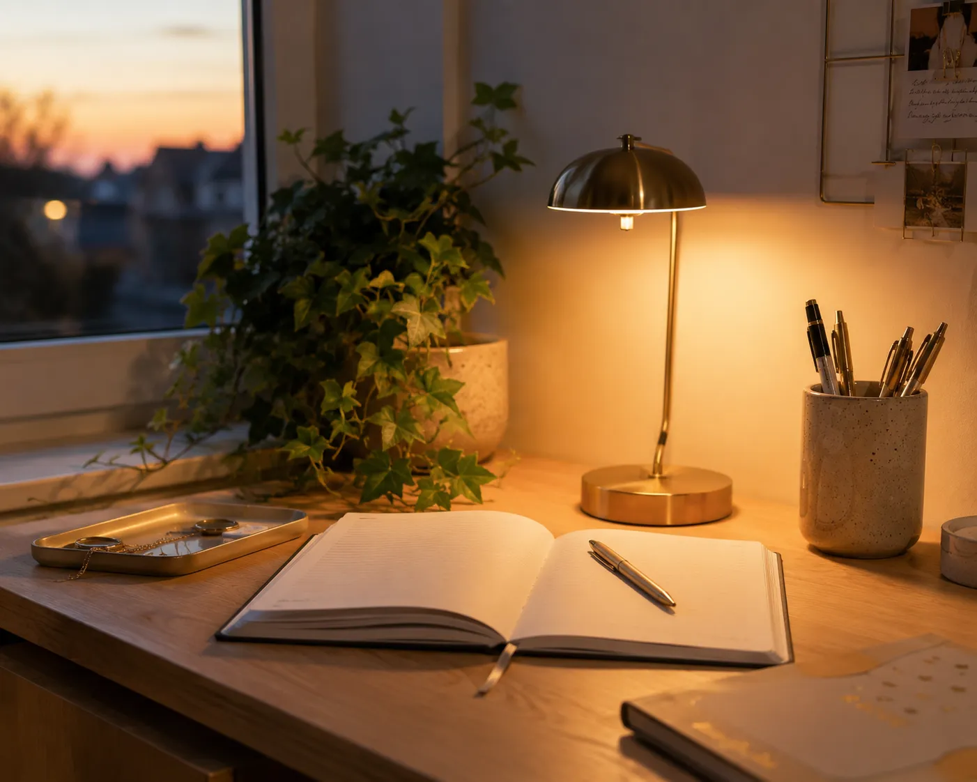 Un bureau range pres d'une fenetre a la tombee du jour, avec une lampe en laiton allumee, un carnet ouvert, une plante retombante et un pot a crayons en ceramique.