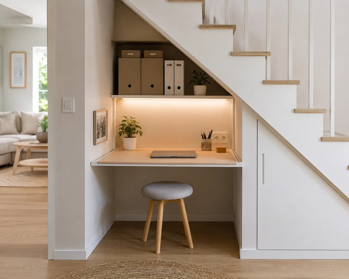 Un petit bureau amenage sous un escalier, avec des classeurs ranges sur une etagere eclairee, un tabouret en bois et une plante, dans un espace etroit optimise.
