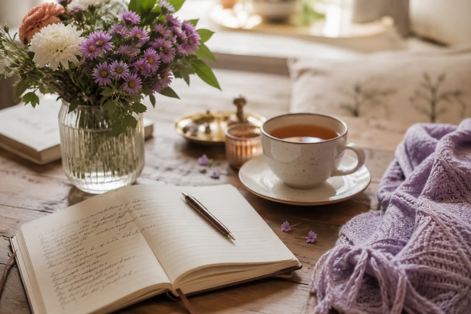Un carnet ouvert, une tasse de the et un bouquet de fleurs sur une table en bois.
