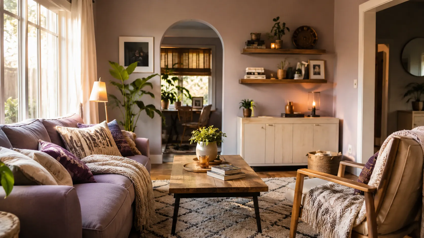 Un salon chaleureux avec un canape lavande, des plantes et de la lumiere naturelle.