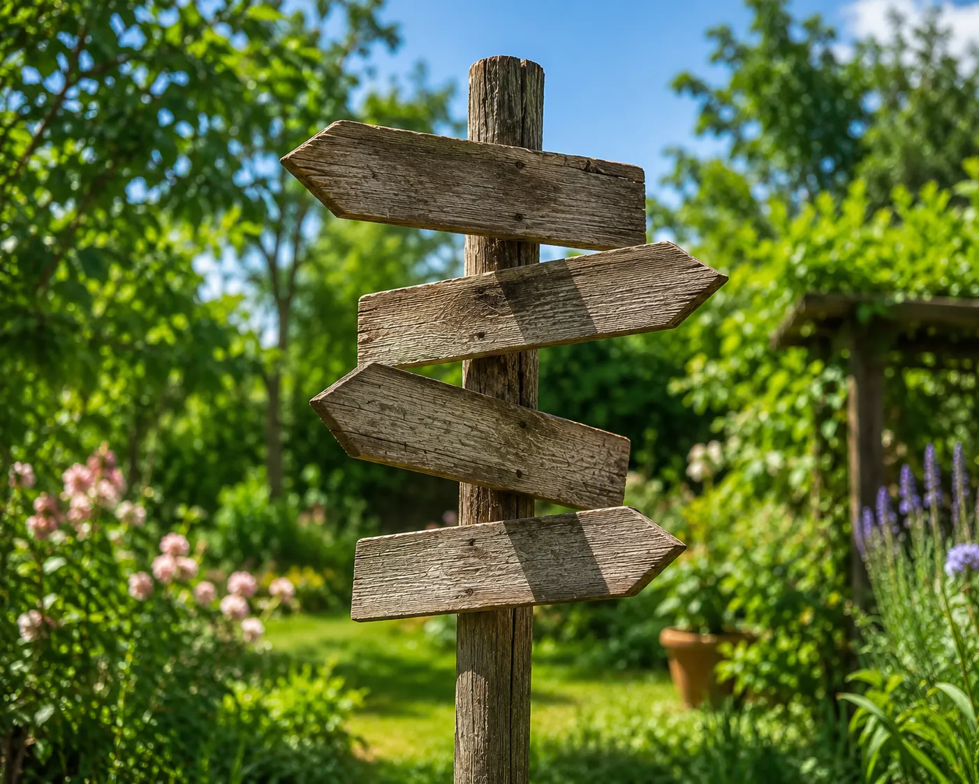 Un panneau en bois a plusieurs fleches vierges pointant dans des directions differentes, dans un jardin verdoyant en plein soleil d'ete.