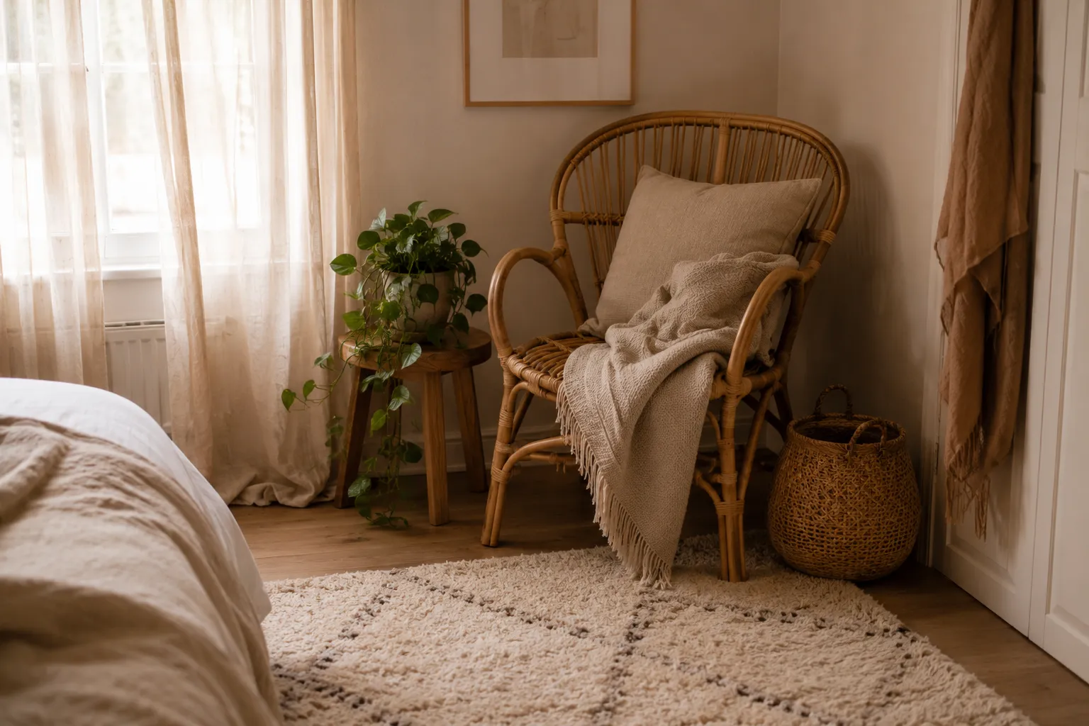 Un coin lecture dans une chambre avec un fauteuil en rotin, un plaid moelleux, une plante retombante sur un tabouret et un tapis en laine, dans une lumiere douce.