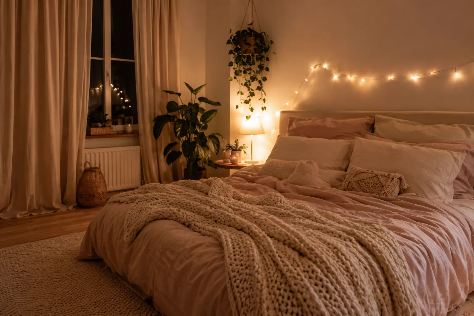 Une chambre cocooning apaisante avec un lit bas habille de linge et de plaids en maille, des tons pastel doux, une lampe de chevet chaude, une guirlande lumineuse et quelques plantes.