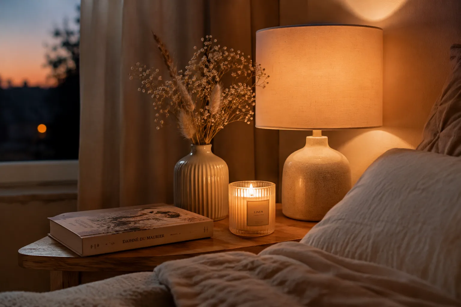 Une table de chevet a la tombee du jour avec une lampe a la lumiere chaude, une bougie allumee, un livre et un vase de fleurs sechees, dans une ambiance feutree.