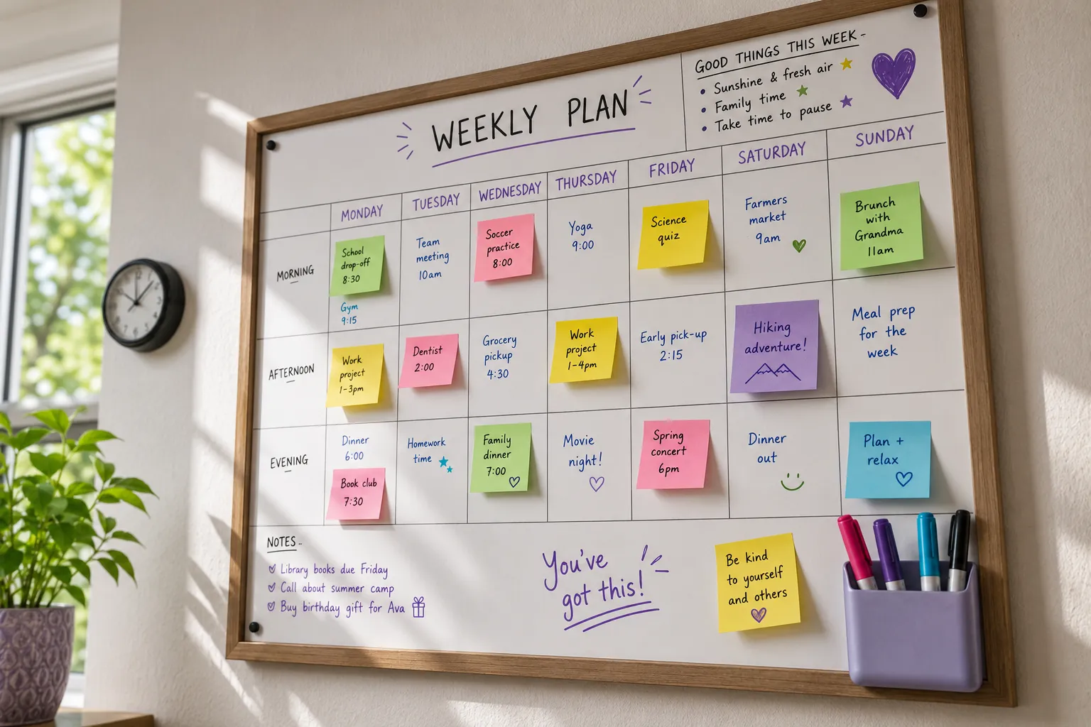 Un planning hebdomadaire familial accroche au mur, couvert de post-it colores, avec un pot de feutres et une horloge a cote.