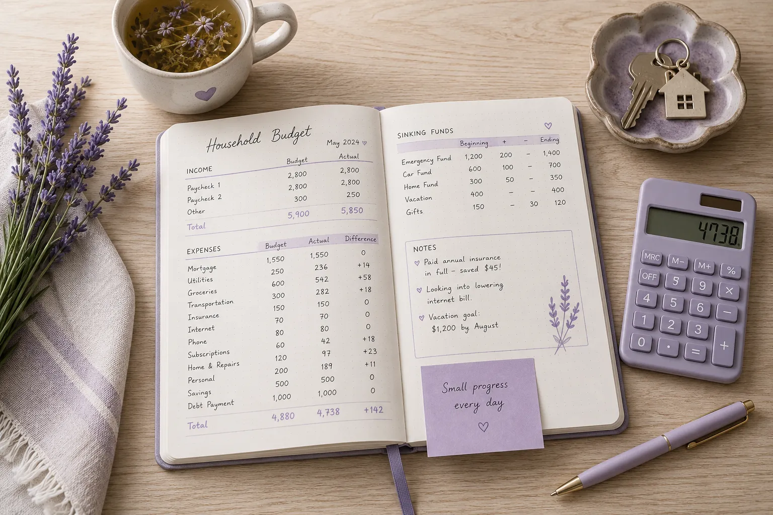 Vue de dessus d'une table en chene clair avec un carnet de budget ouvert, une calculatrice, une tasse de tisane, un trousseau de cles et un brin de lavande.