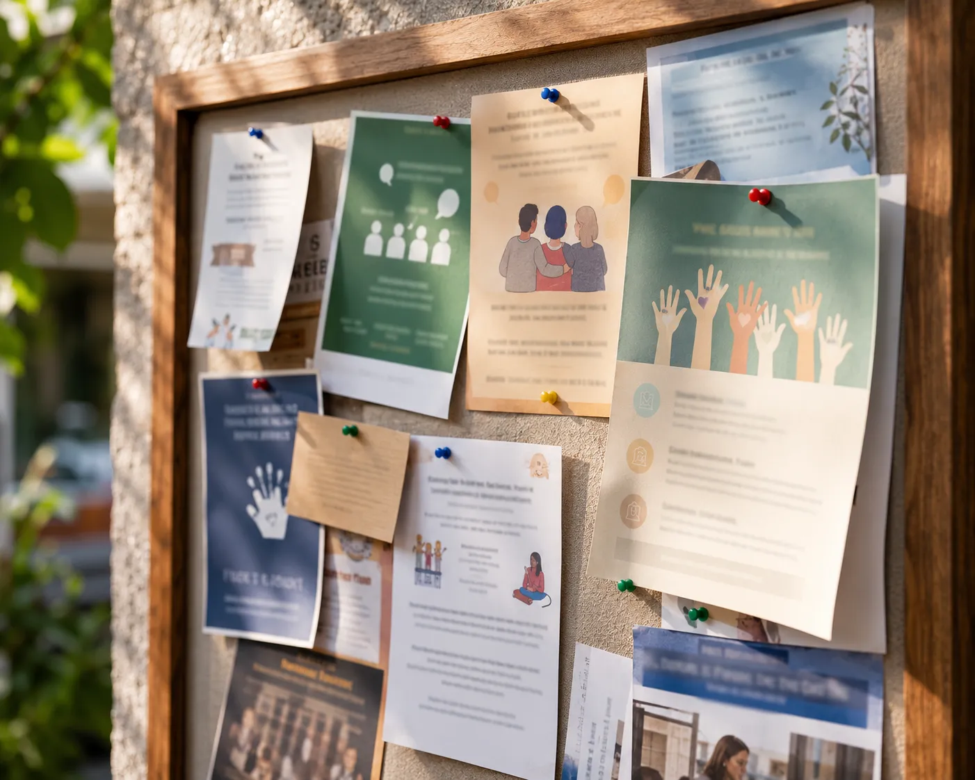 Un panneau d'affichage en liege sur un mur, couvert de flyers d'associations, de benevolat et de formations du soir, fixes par des punaises colorees.