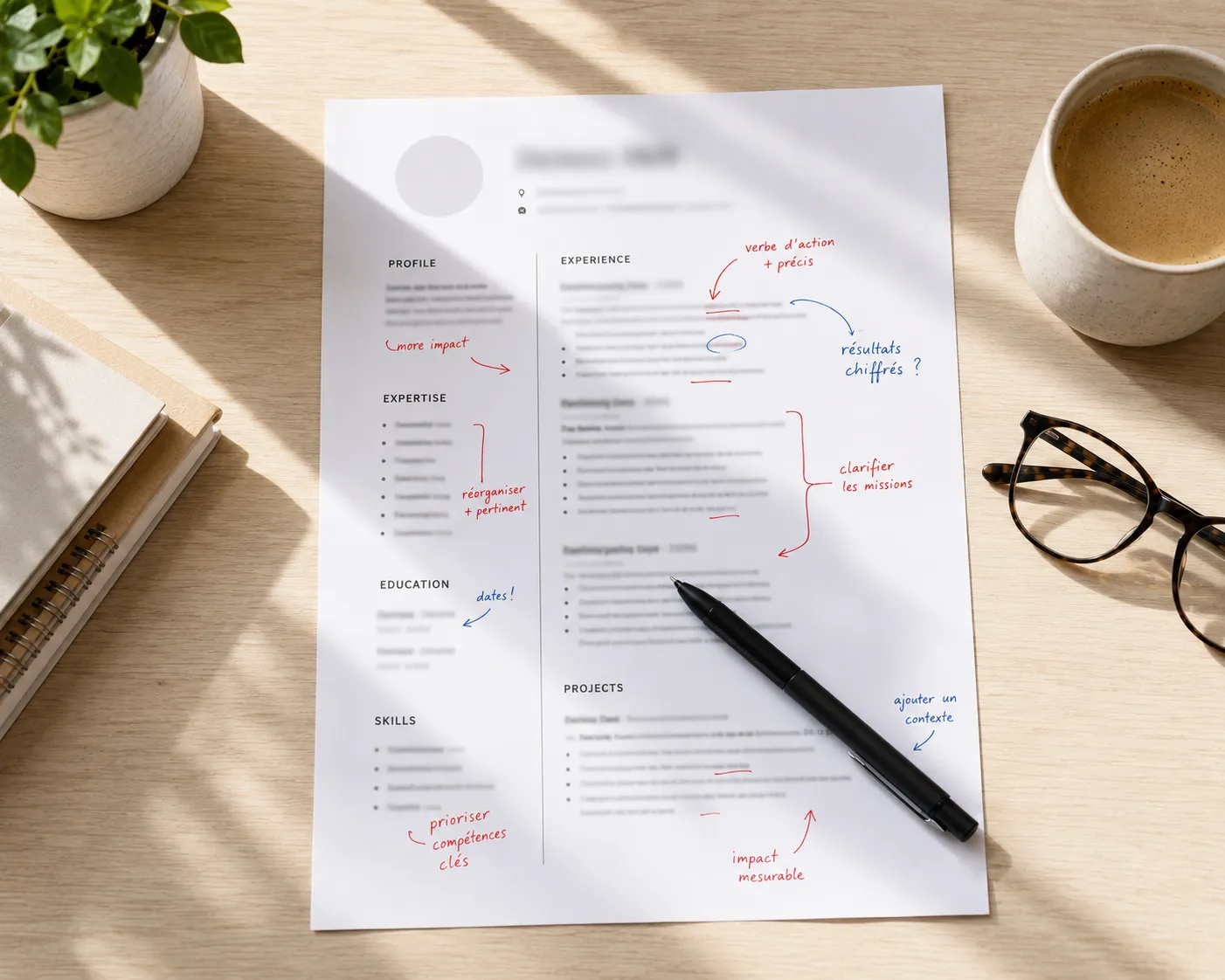 Un brouillon de CV imprime, annote a la main au stylo rouge et bleu (verbe d'action, resultats chiffres, clarifier les missions), avec un stylo, des lunettes et une tasse de cafe.