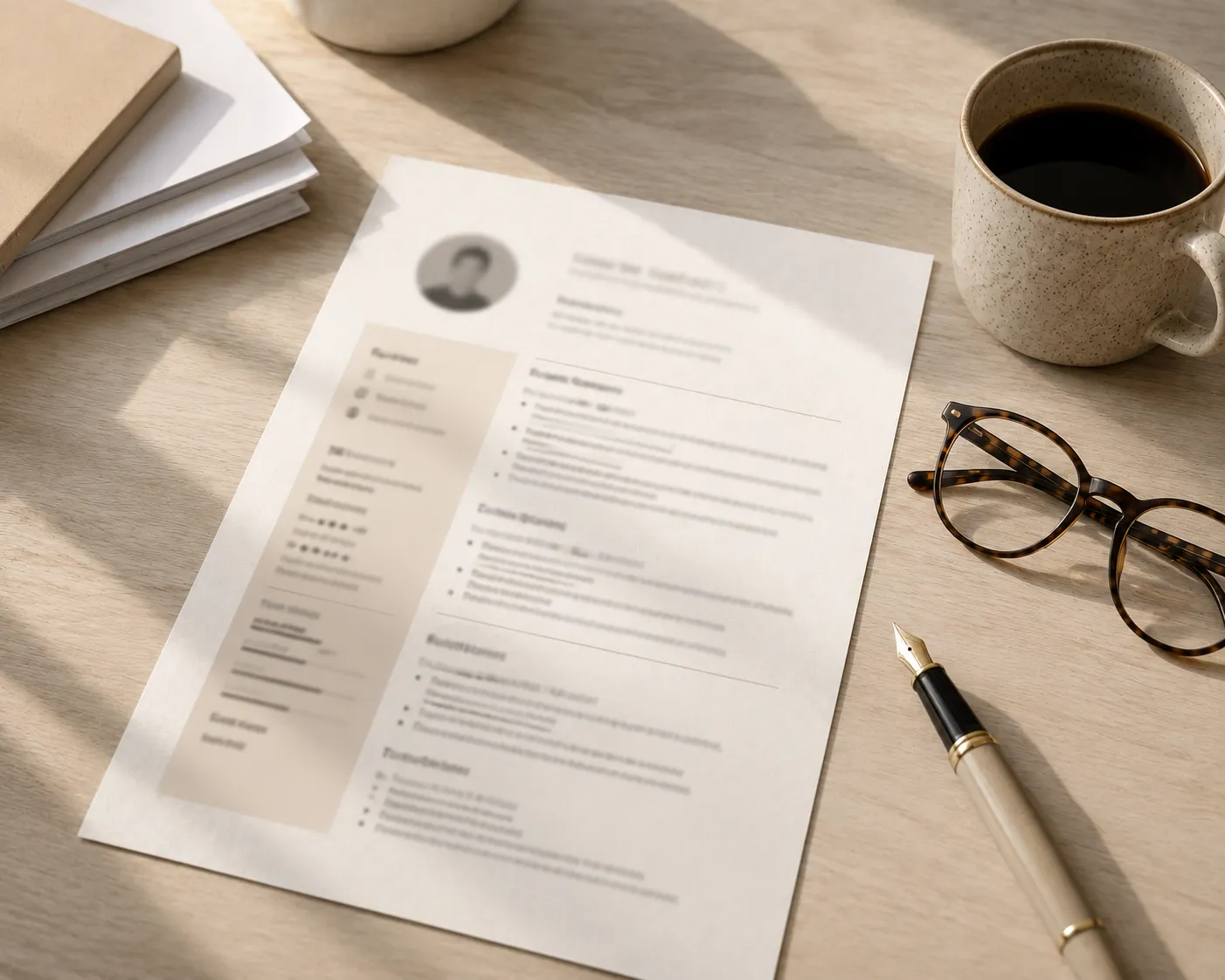 Un CV imprime d'une page pose sur un bureau en bois clair, a cote d'un stylo, de lunettes et d'une tasse de cafe, lumiere naturelle.