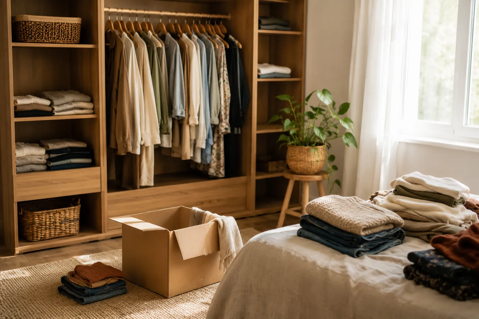 Une penderie en bois ouverte en plein tri, avec des vetements sur cintres, quelques piles pliees sur le lit et un carton de dons ouvert au sol, dans une lumiere claire.
