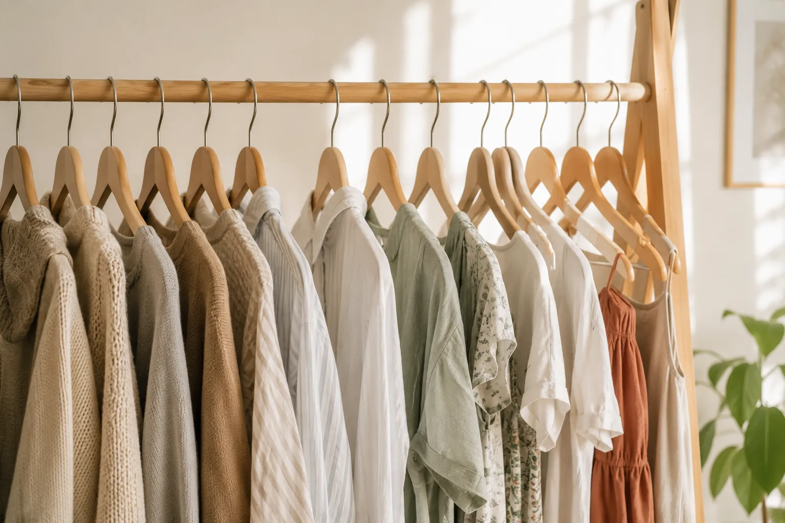 Une tringle a vetements avec des cintres en bois, certains tournes dans l'autre sens, et des habits espaces dans des tons doux, dans une lumiere claire.