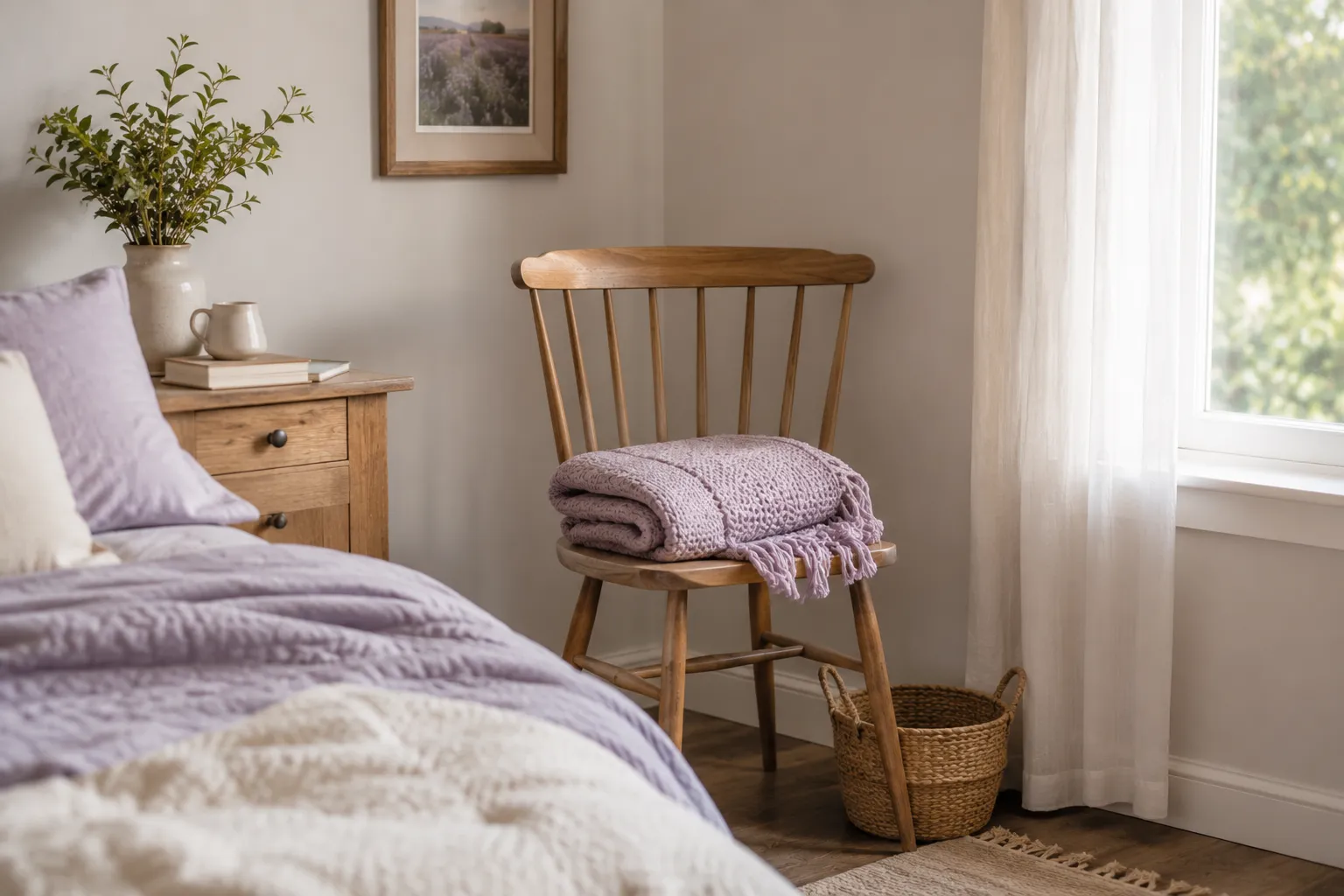 Un coin de chambre range et apaisant avec une chaise en bois, un plaid lavande plie et un petit panier en osier.