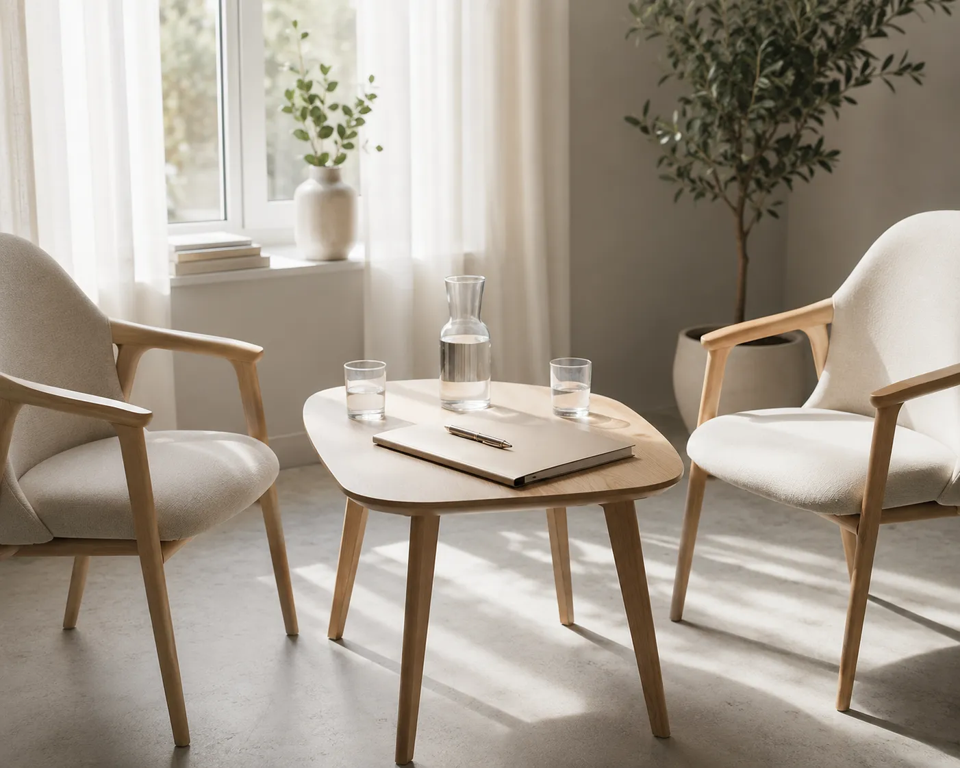 Deux chaises vides face a face autour d'une petite table pres d'une fenetre, avec une carafe d'eau, deux verres et un dossier ferme.