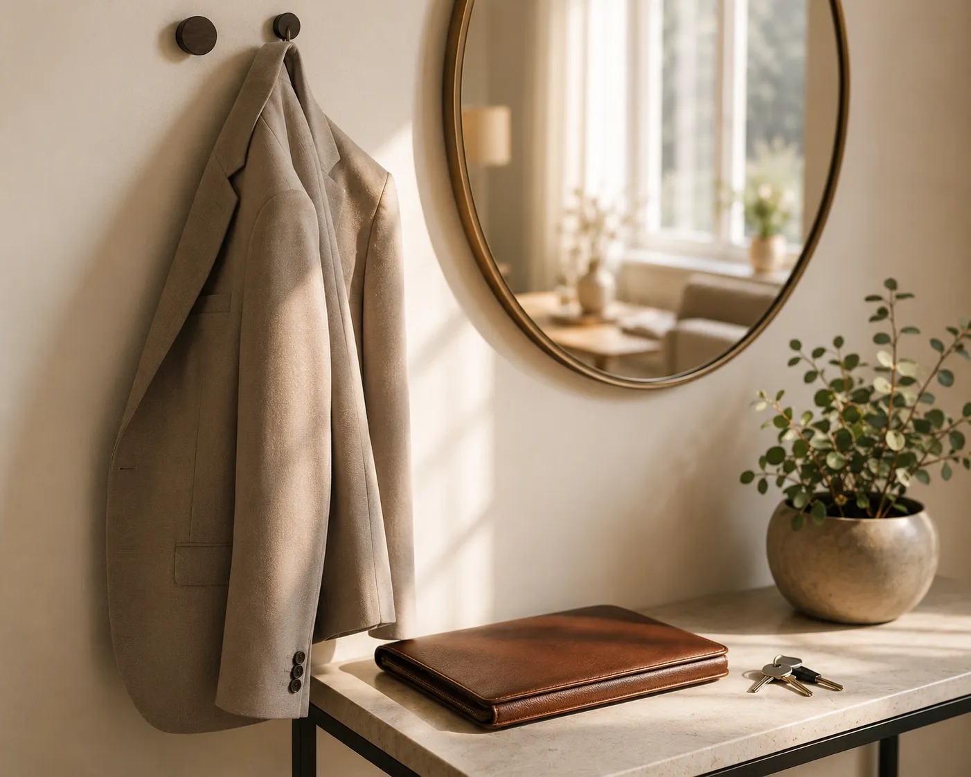 Une entree avec un blazer beige suspendu a une patere, un miroir rond refletant une piece ensoleillee, un dossier en cuir et des cles sur une console, une plante.