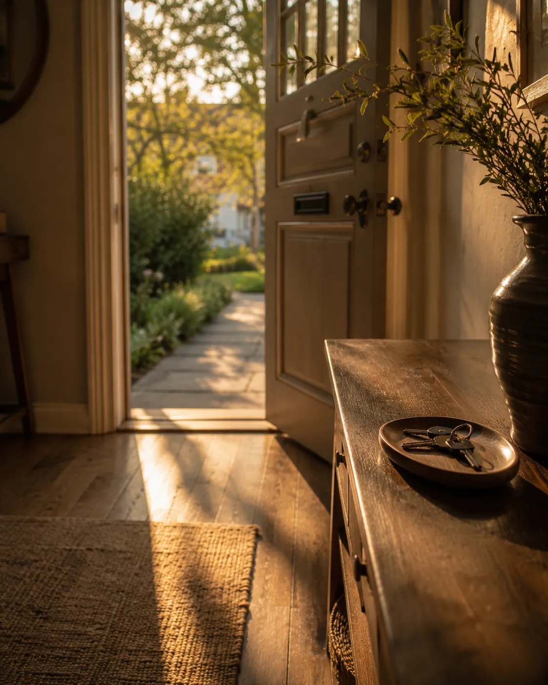 Une porte d'entree ouverte sur un jardin, lumiere doree de fin de journee sur le parquet, un trousseau de cles dans une coupelle posee sur une console en bois.