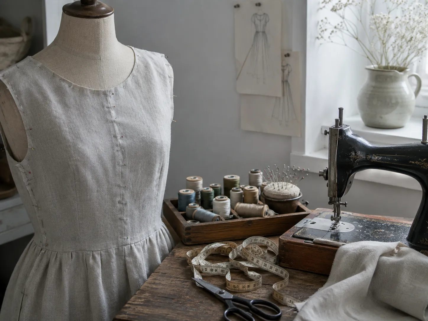 Un coin couture a la maison : une robe en lin en cours de realisation sur un mannequin, une vieille machine a coudre, des bobines de fil dans un plateau en bois et un metre ruban.