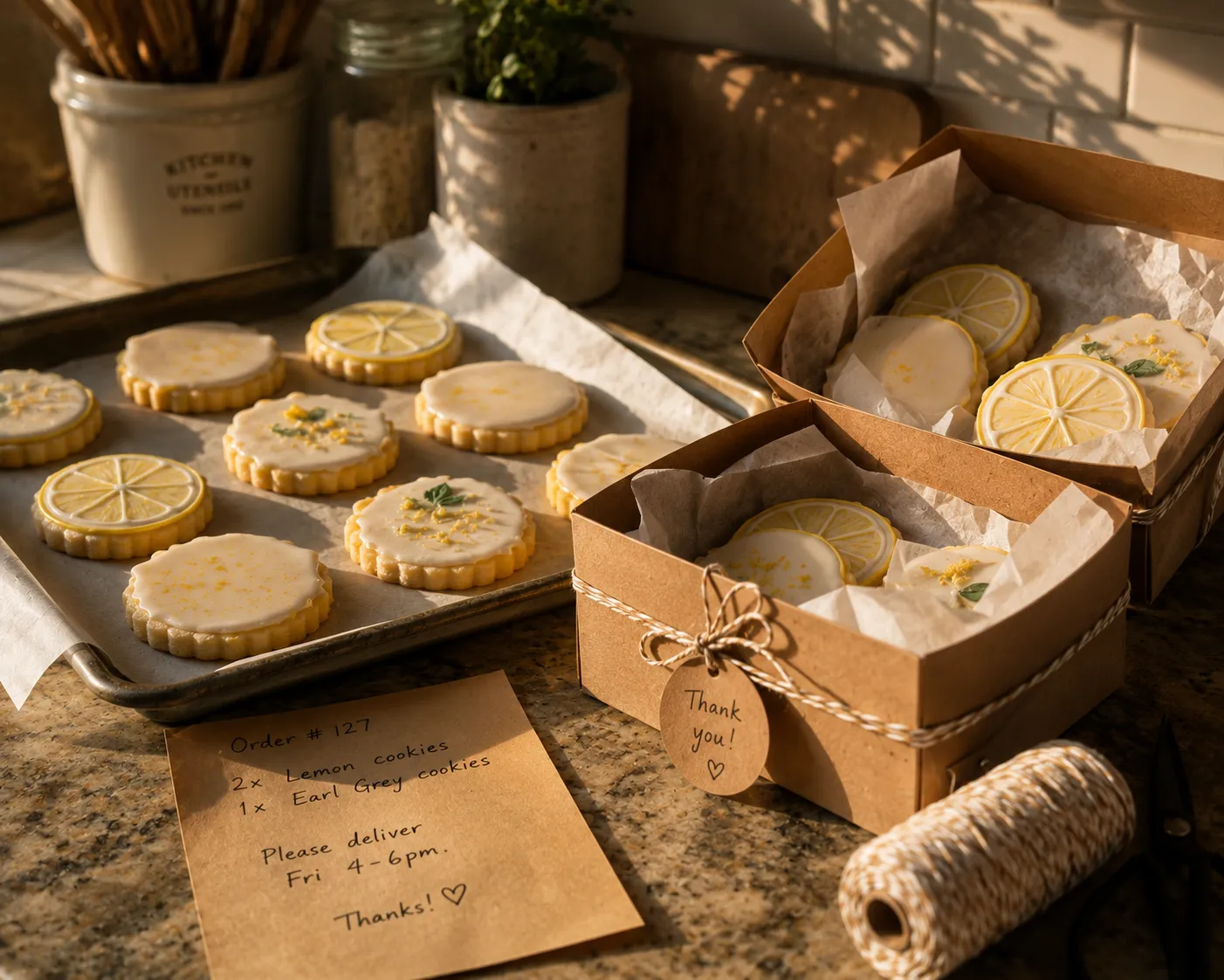 Des biscuits au citron glaces sur une plaque a cote d'une boite cadeau en kraft fermee par une ficelle et d'un bon de commande ecrit a la main.
