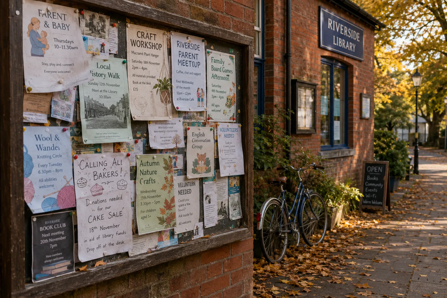 Un panneau d'affichage couvert d'annonces devant la bibliotheque municipale, un velo appuye contre un mur de briques et des feuilles d'automne dorees au sol.