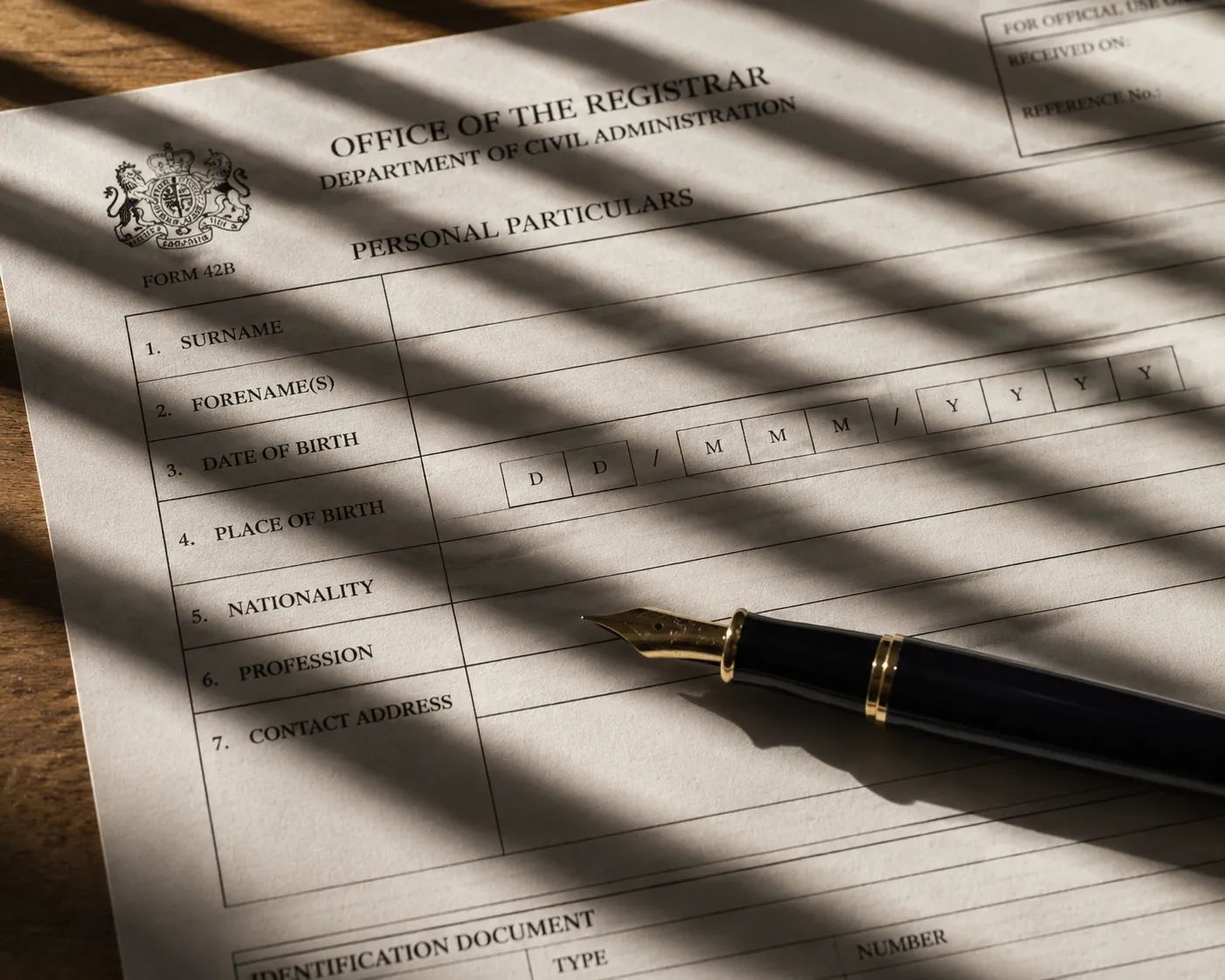 Un formulaire administratif officiel pose sur une table en bois, un stylo plume en travers de la case profession laissee vide, lumiere dure et ombres marquees.