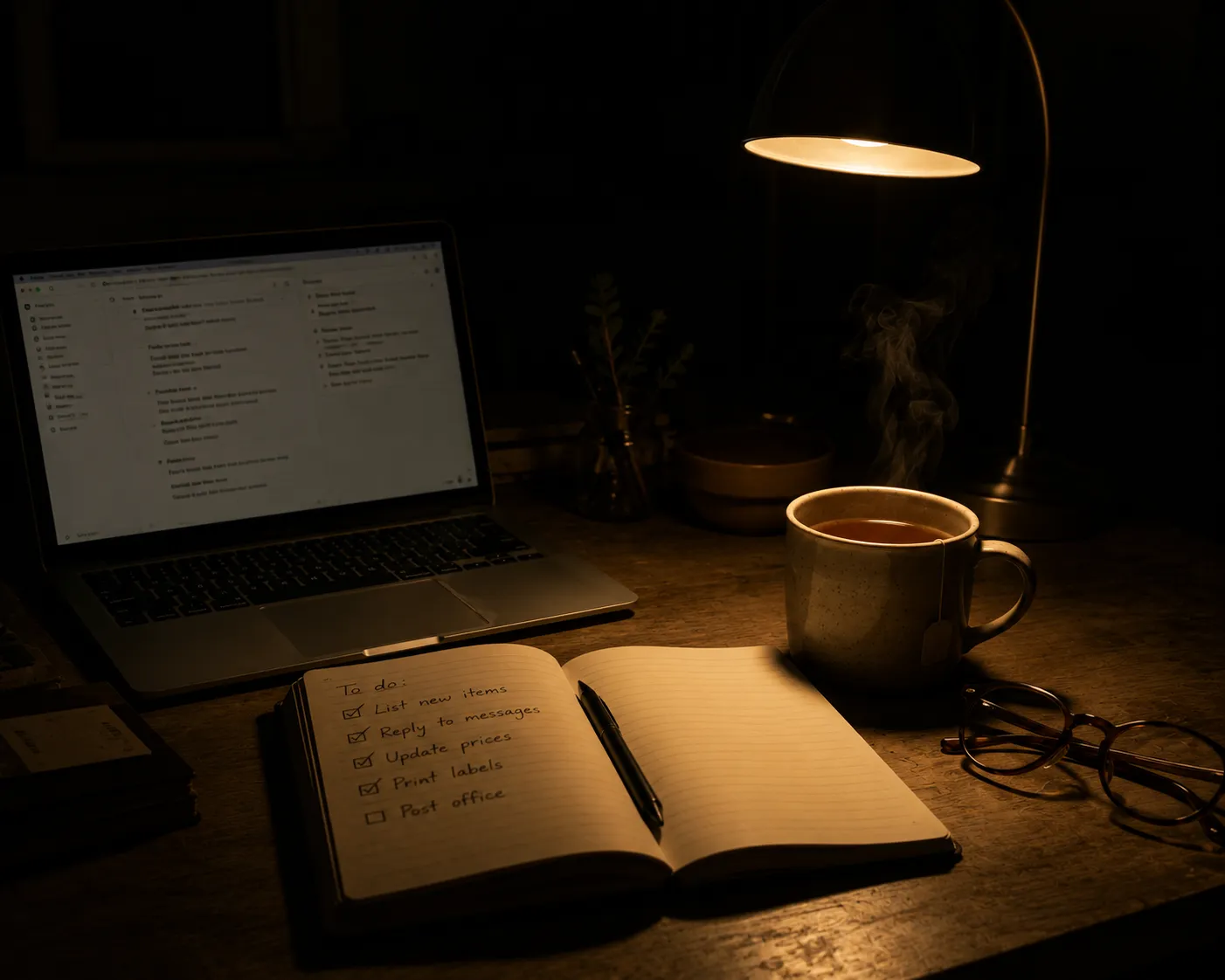 Un coin bureau le soir eclaire par une seule lampe chaude, avec un ordinateur portable allume, un carnet ouvert couvert d'une liste et une tasse fumante.