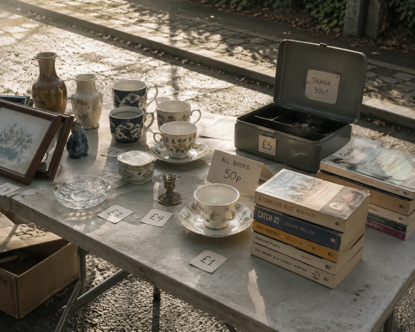 Une table de vide-grenier en plein air avec des tasses anciennes, des livres etiquetes et une boite a monnaie ouverte, dans la lumiere du matin.
