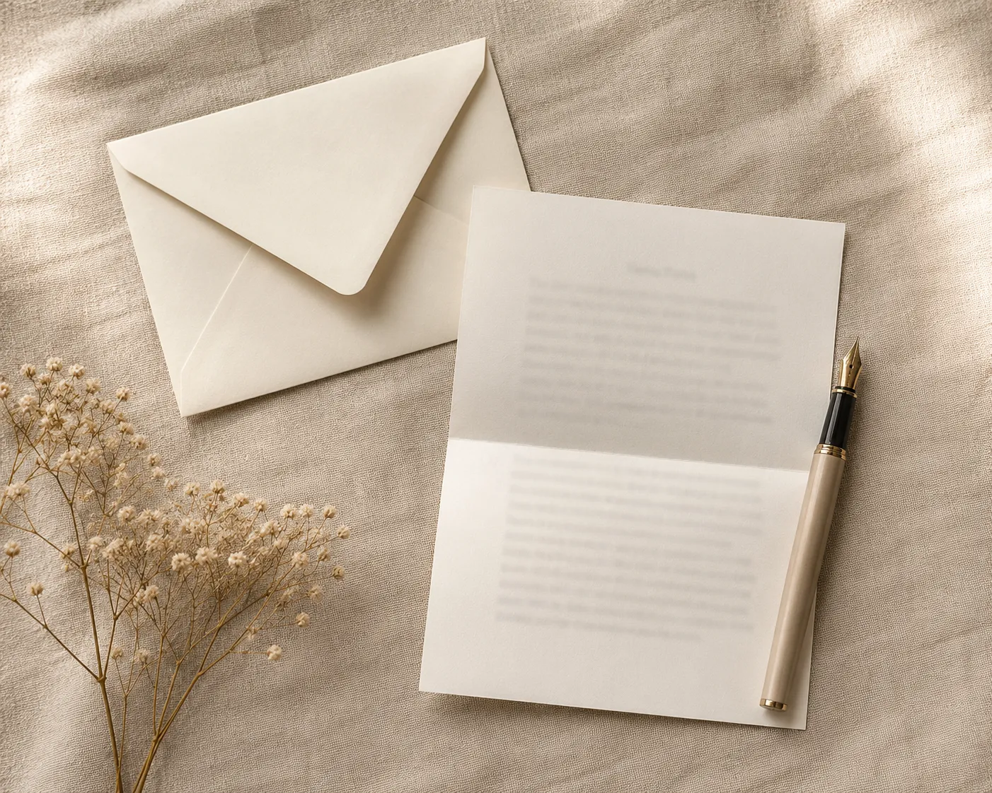 Une enveloppe creme, une lettre pliee une fois et un stylo plume disposes sur une surface en lin naturel, avec un brin de fleurs sechees, lumiere douce.