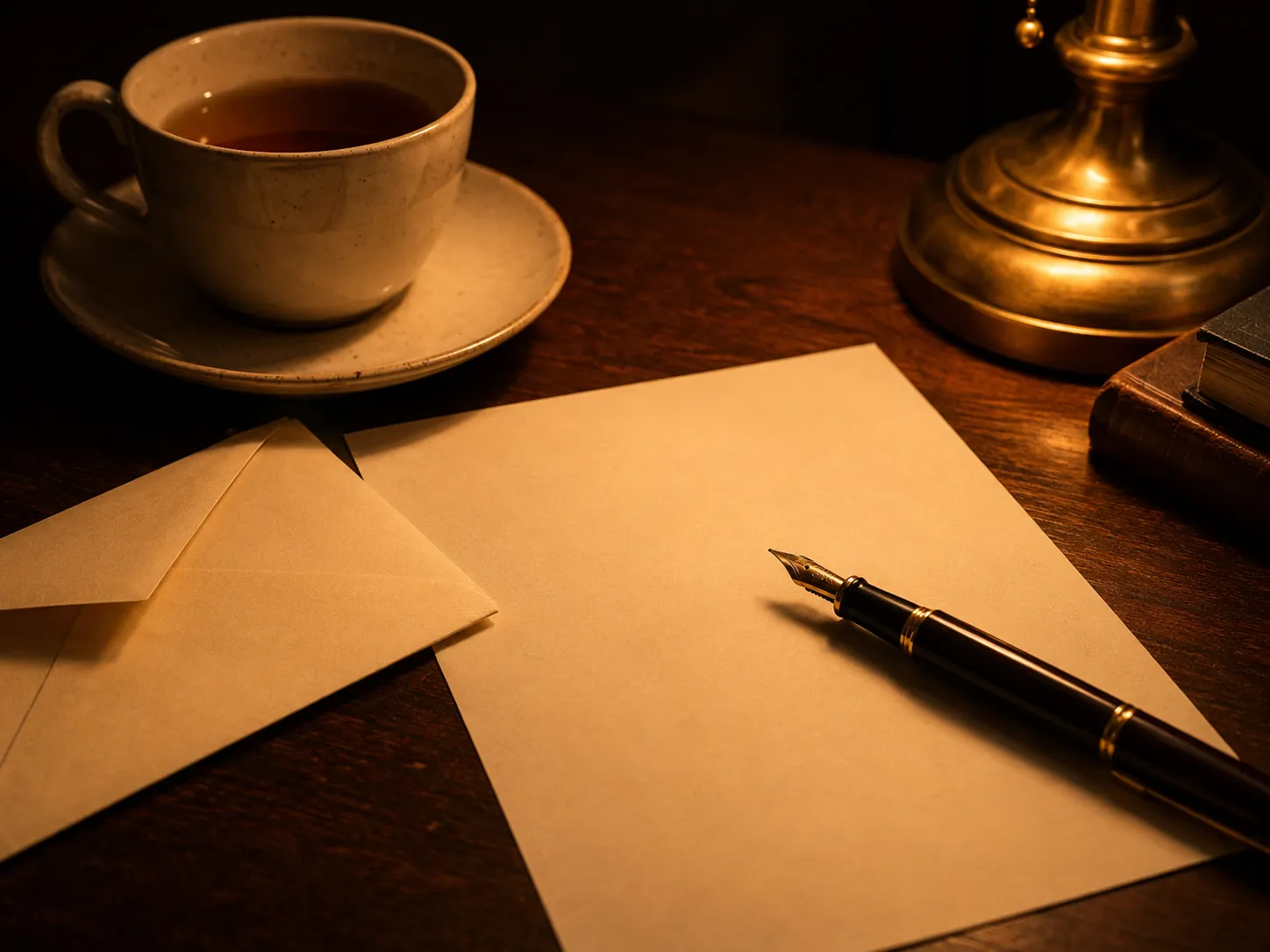 Une feuille de papier creme avec un stylo plume, une enveloppe et une tasse de the sur un bureau en bois sombre, lumiere chaude de lampe.