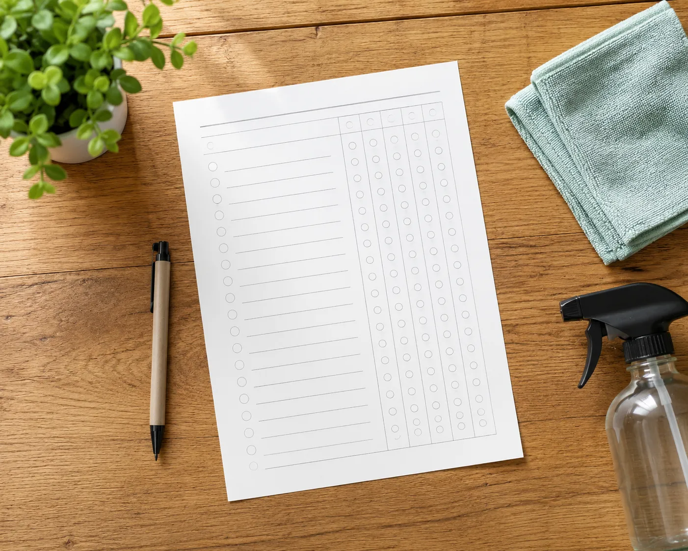 Une liste de taches menageres imprimee posee sur une table en bois, avec un stylo, une petite plante, un chiffon plie et un vaporisateur en verre, dans une lumiere claire.