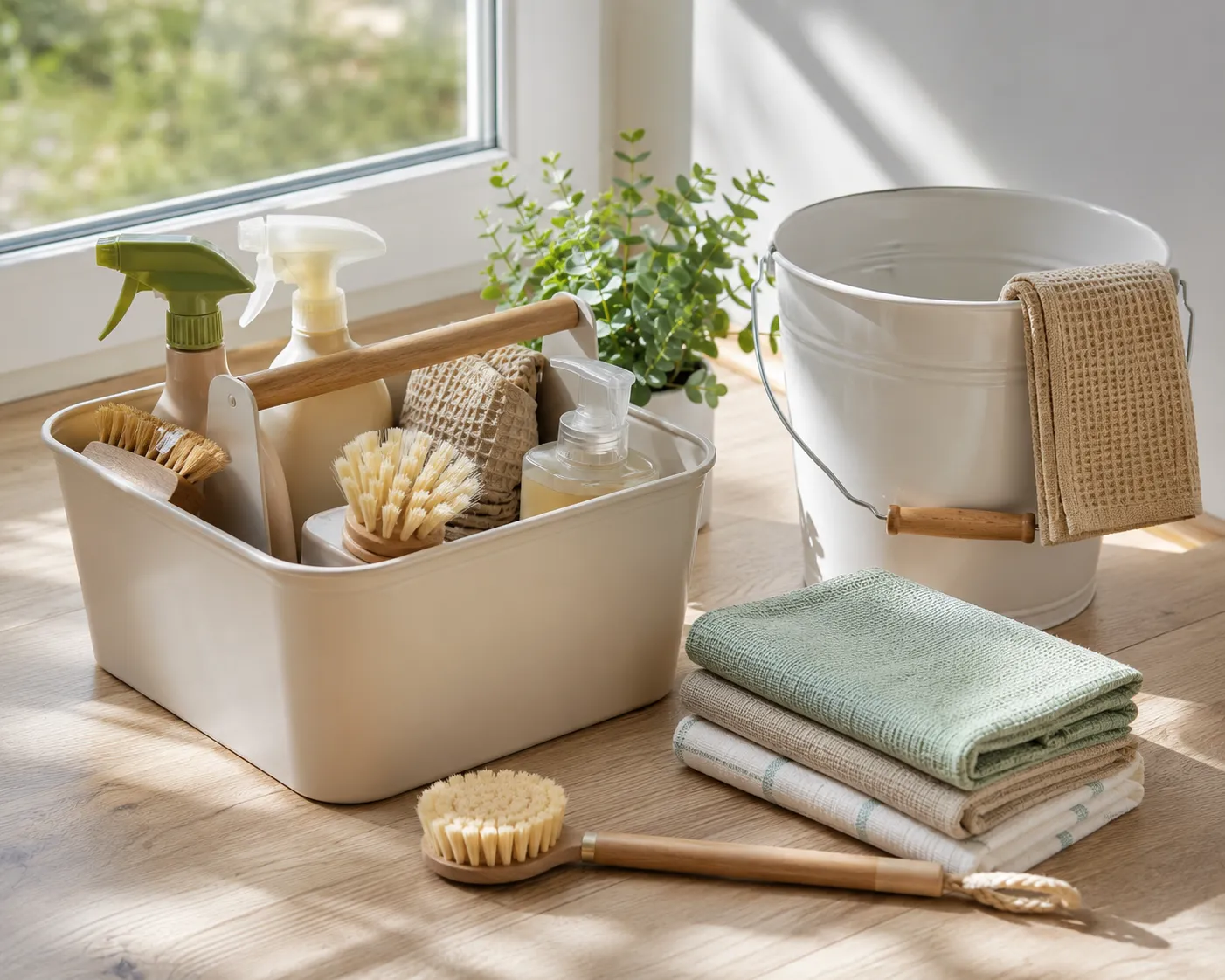 Un panier de menage range pres d'une fenetre ensoleillee, avec un vaporisateur, des brosses en bois, un seau et des chiffons plies, dans une ambiance claire et ordonnee.