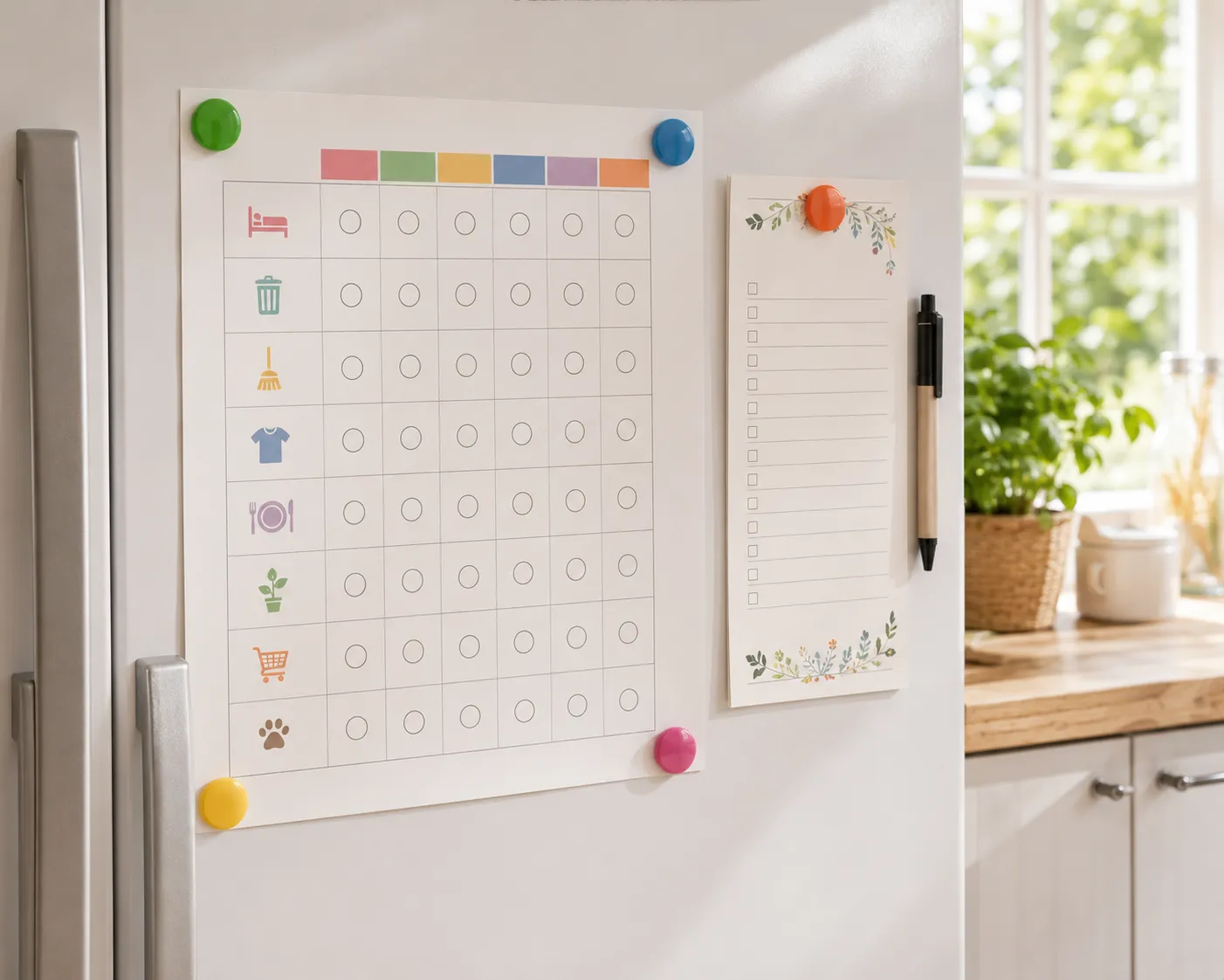 Un tableau des taches menageres fixe sur la porte d'un frigo avec des aimants colores, a cote d'un bloc-notes de courses et d'un stylo, dans une cuisine lumineuse.