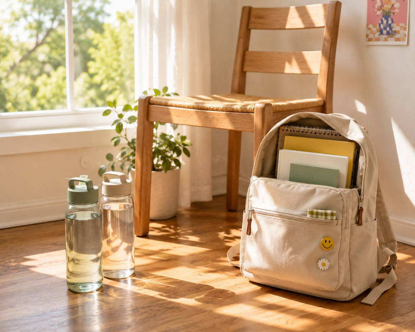 Deux bouteilles d'eau pleines, une chaise en bois et un sac a dos rempli de livres dans un coin de piece ensoleille, en guise de materiel de sport improvise.