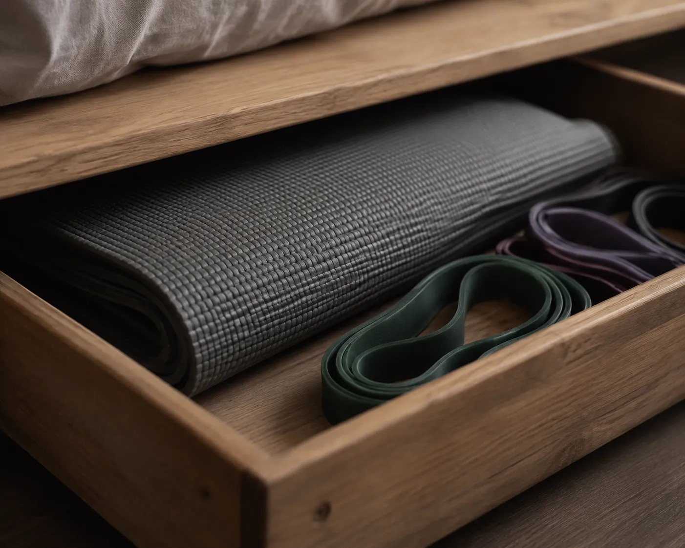 Un tapis de sport roule et des bandes elastiques ranges dans un tiroir en bois glisse sous un lit, illustrant le rangement dans un petit espace.