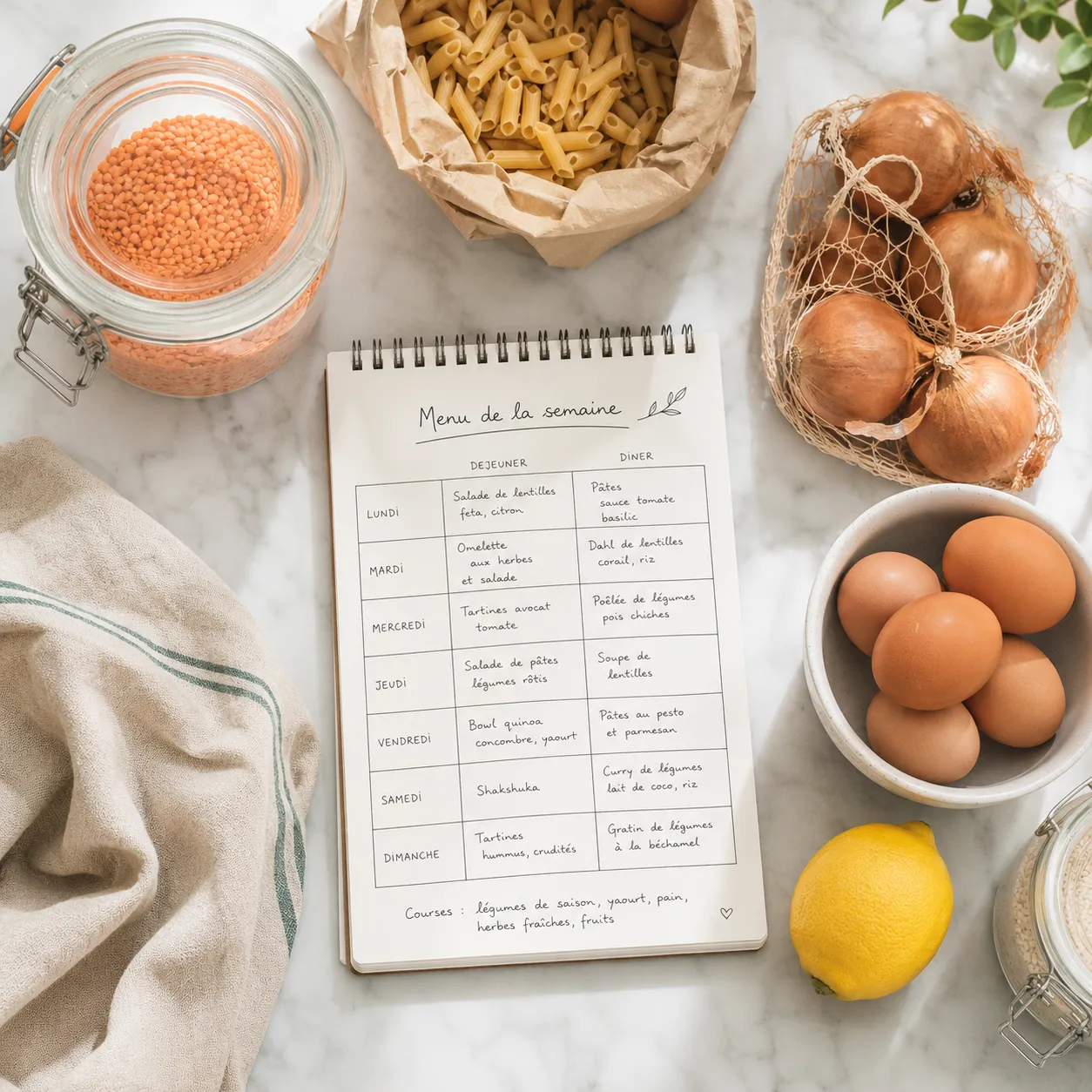 Vue de dessus d'un plan de travail en marbre avec un carnet ou un menu de la semaine est ecrit a la main, entoure d'un bocal de lentilles corail, d'un sachet de pates, d'un filet d'oignons, d'un bol d'oeufs et d'un citron.
