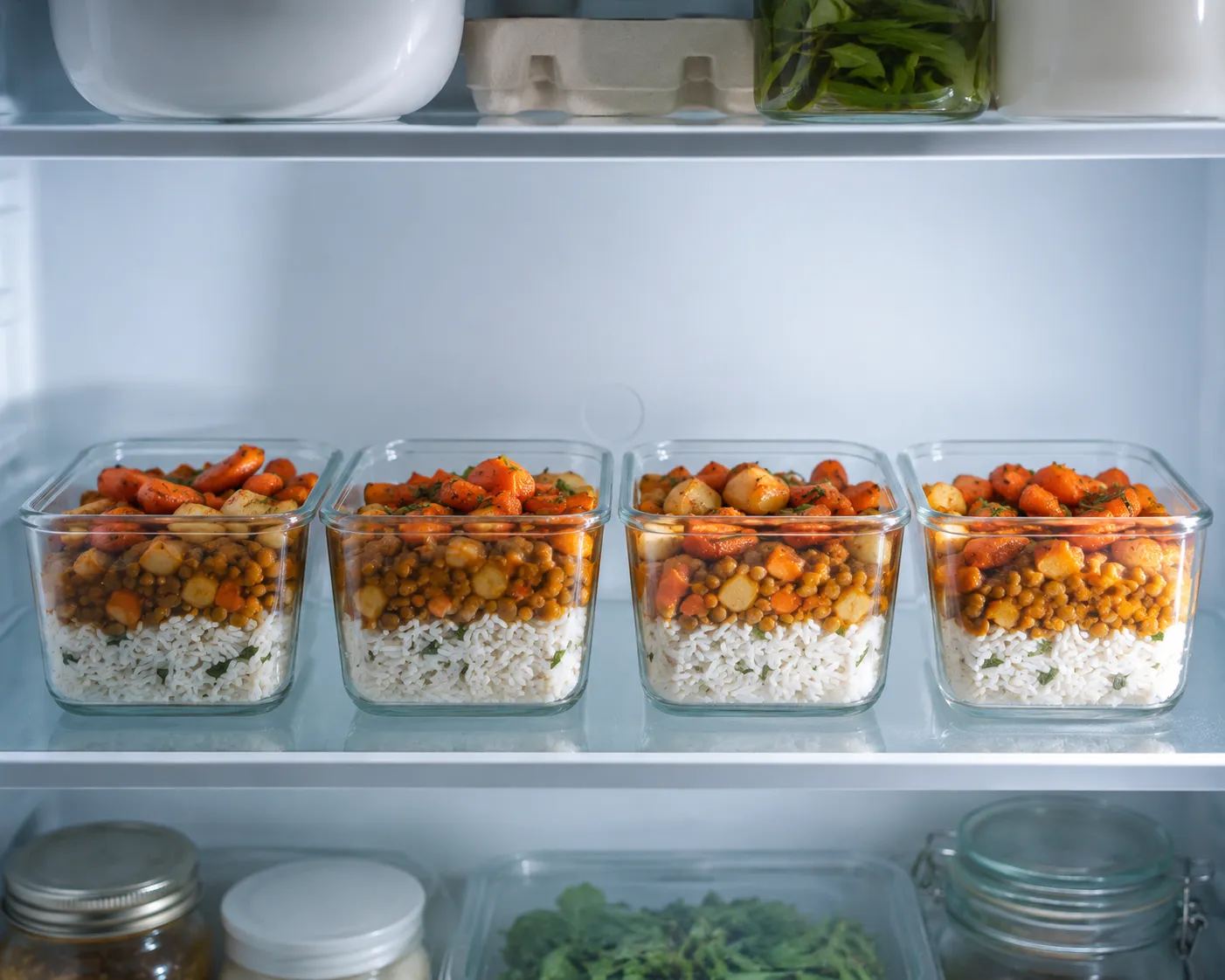 Quatre bocaux en verre alignes sur une clayette de refrigerateur, remplis de riz, de pois chiches au curry et de carottes roties, prets pour la semaine.