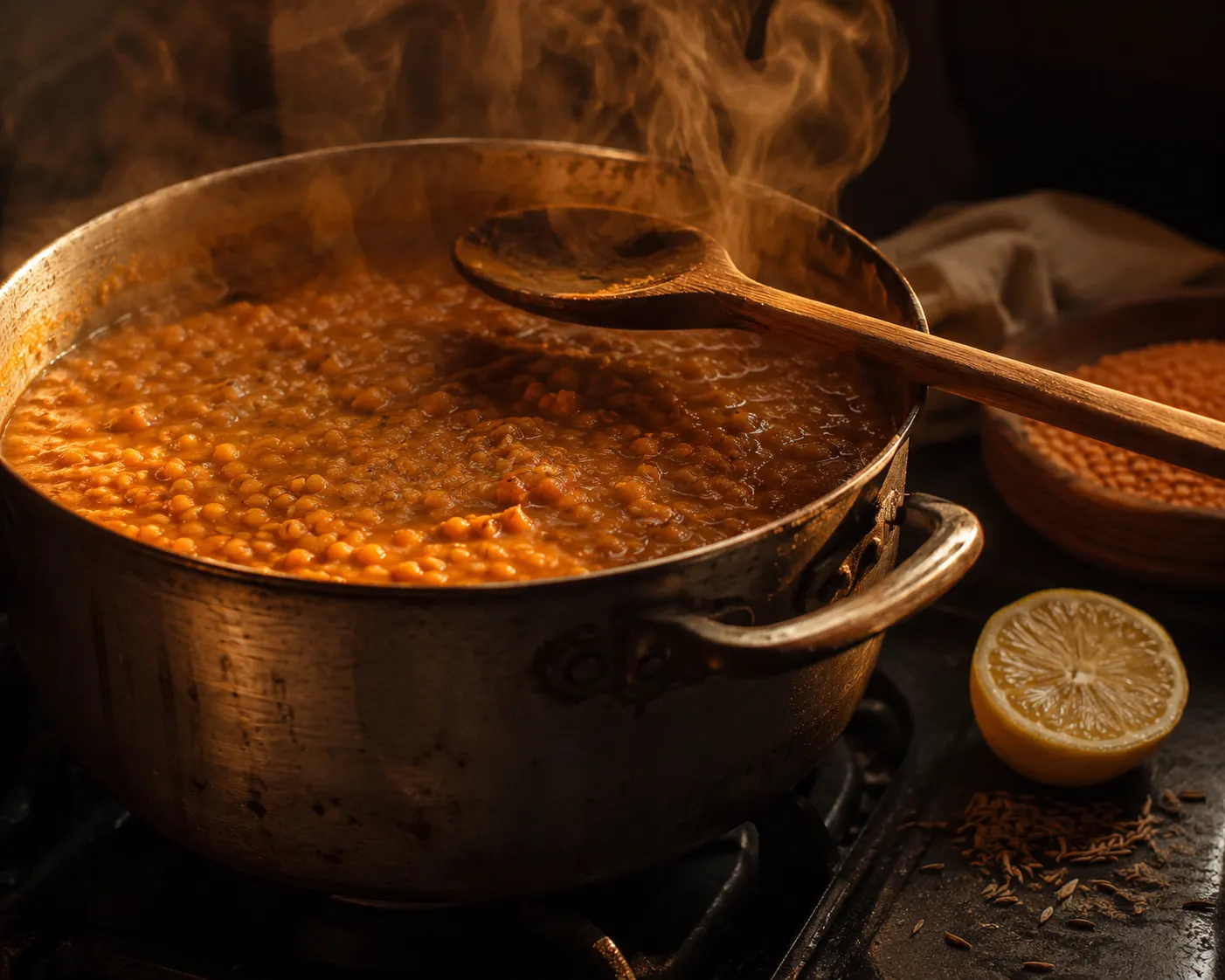 Une grande marmite en cuivre de dahl de lentilles corail qui mijote sur le feu, une cuillere en bois posee en travers et un demi-citron a cote, dans une lumiere chaude.