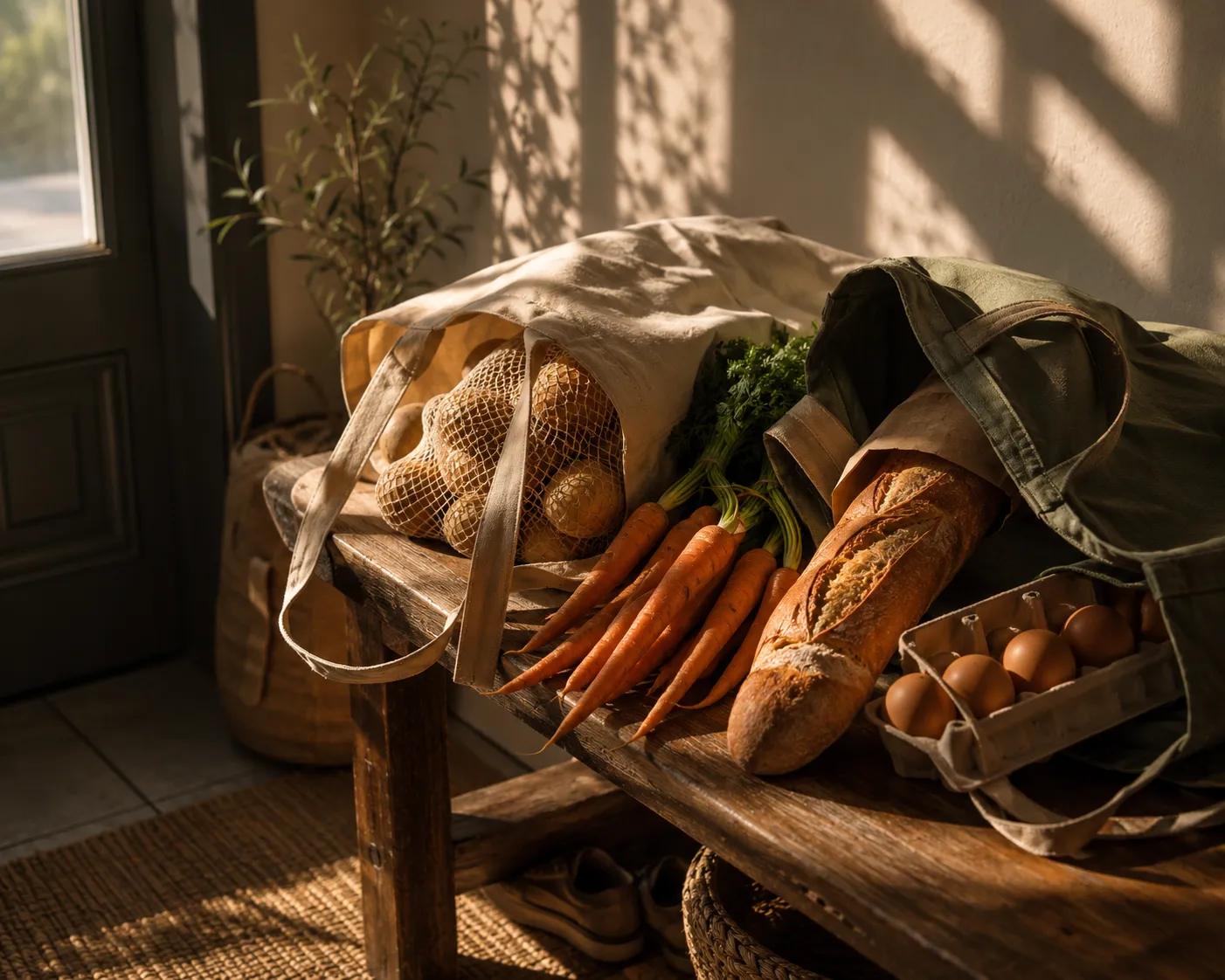 Deux cabas en tissu poses sur un banc en bois pres d'une porte d'entree, remplis de carottes, de pommes de terre, d'une baguette et d'une boite d'oeufs, dans la lumiere rasante de l'apres-midi.