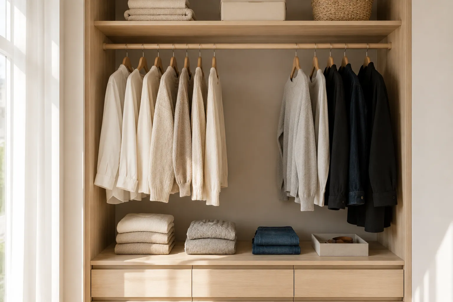Une penderie ouverte et ordonnee avec quelques vetements sur des cintres en bois assortis, des pulls plies en piles nettes et de l'espace entre les affaires, dans une lumiere douce.