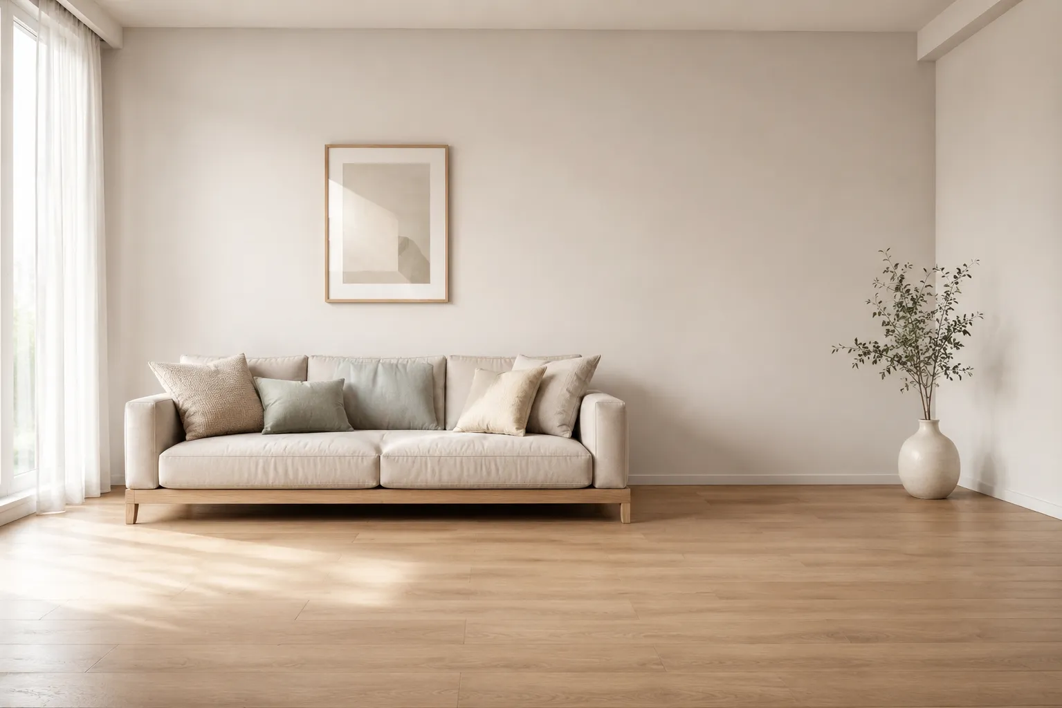 Un salon minimaliste et apaisant au sol en bois clair, avec un canape bas, un seul cadre au mur et une surface degagee ornee d'un unique vase, baigne d'une lumiere douce.