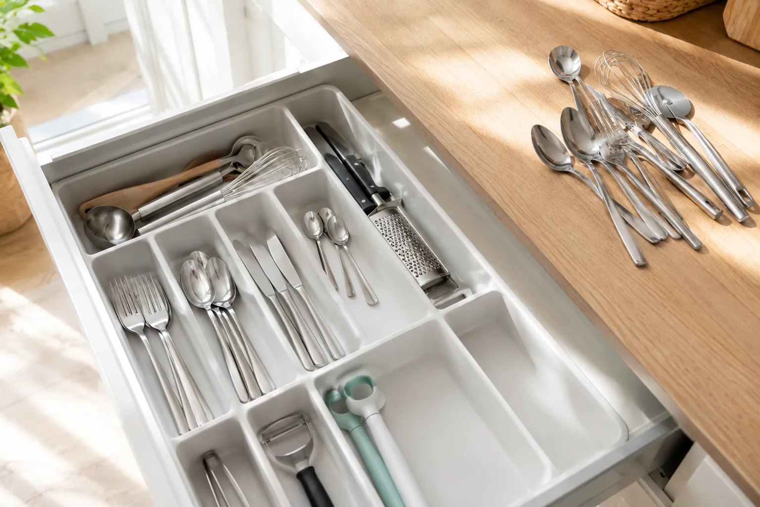 Un tiroir de cuisine ouvert avec des rangements compartimentes, quelques ustensiles gardes et une petite pile de doubles mise de cote sur le plan de travail, dans une lumiere claire.