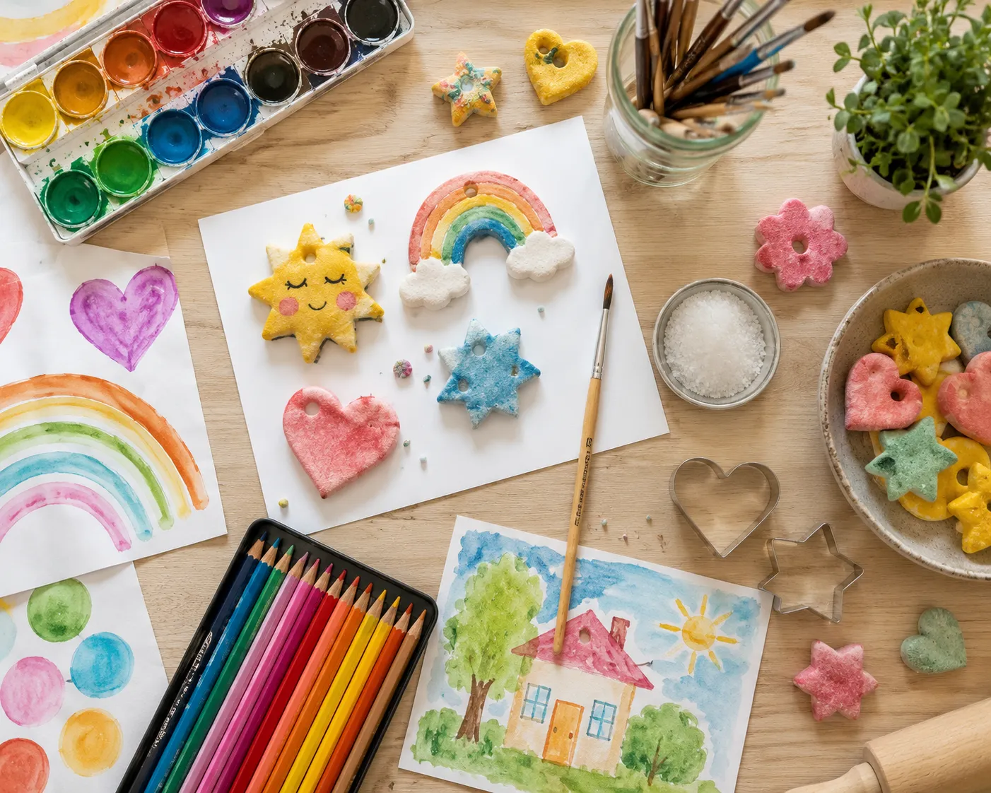 Une table d'atelier creatif vue de dessus, avec de la peinture aquarelle, des dessins d'enfants, des formes en pate a sel coloree, des crayons de couleur et un pot de pinceaux.