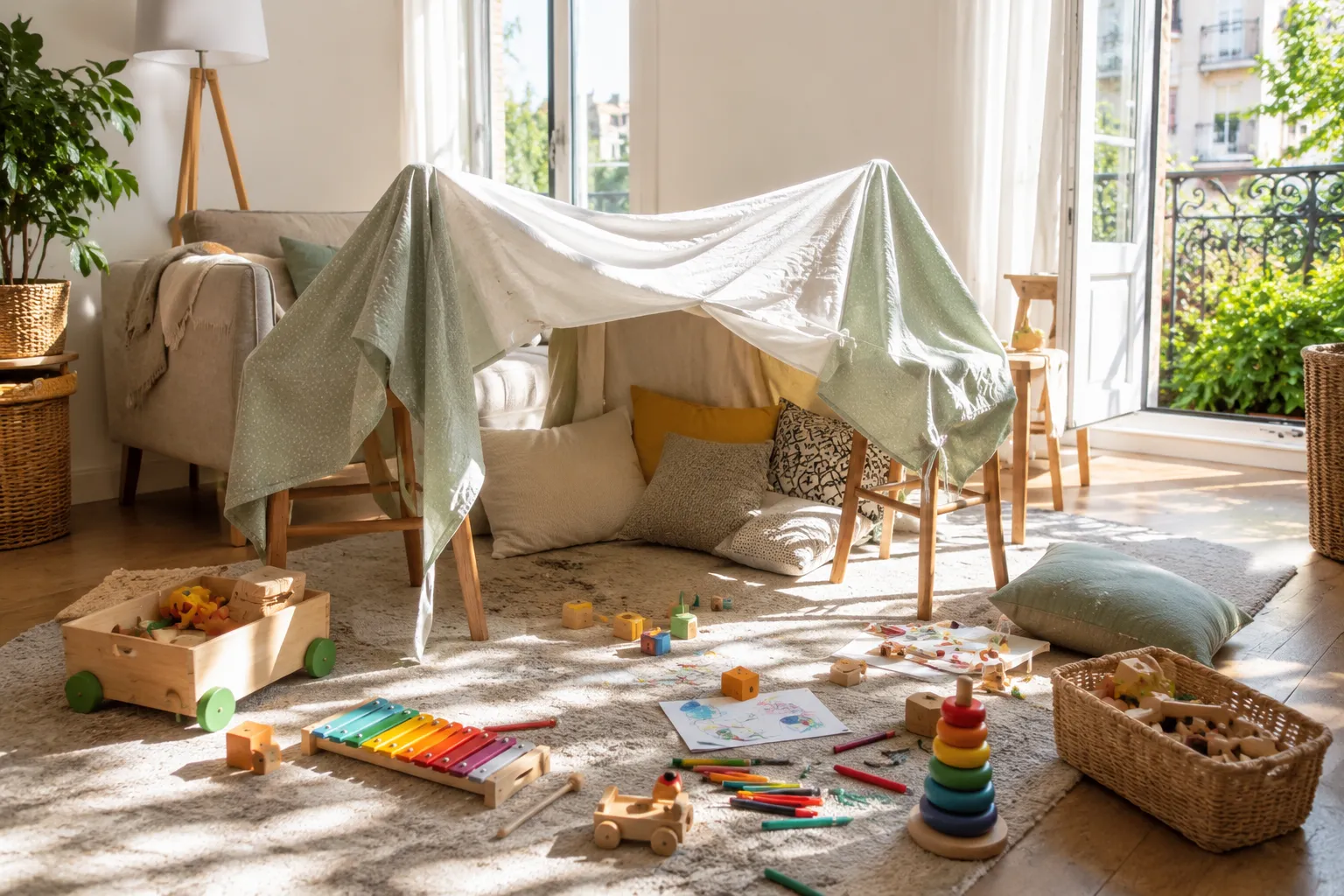 Un salon baigne de soleil transforme en coin de jeu, avec une cabane faite d'un drap tendu sur deux chaises, des coussins et des jouets en bois eparpilles sur le tapis.