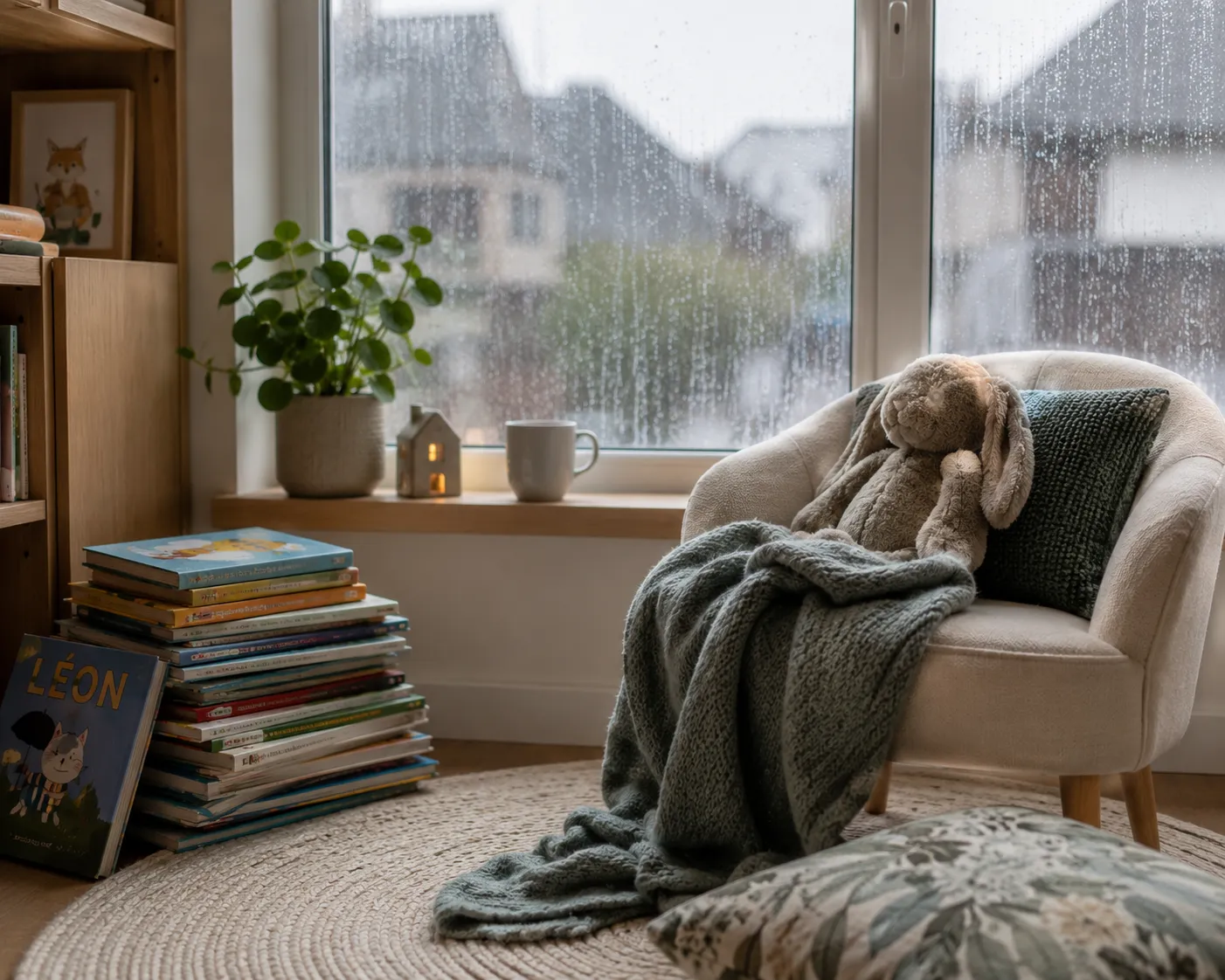 Un coin lecture cosy pres d'une fenetre ruisselante de pluie, avec une pile de livres pour enfants, un plaid en maille et une peluche lapin sur un petit fauteuil.