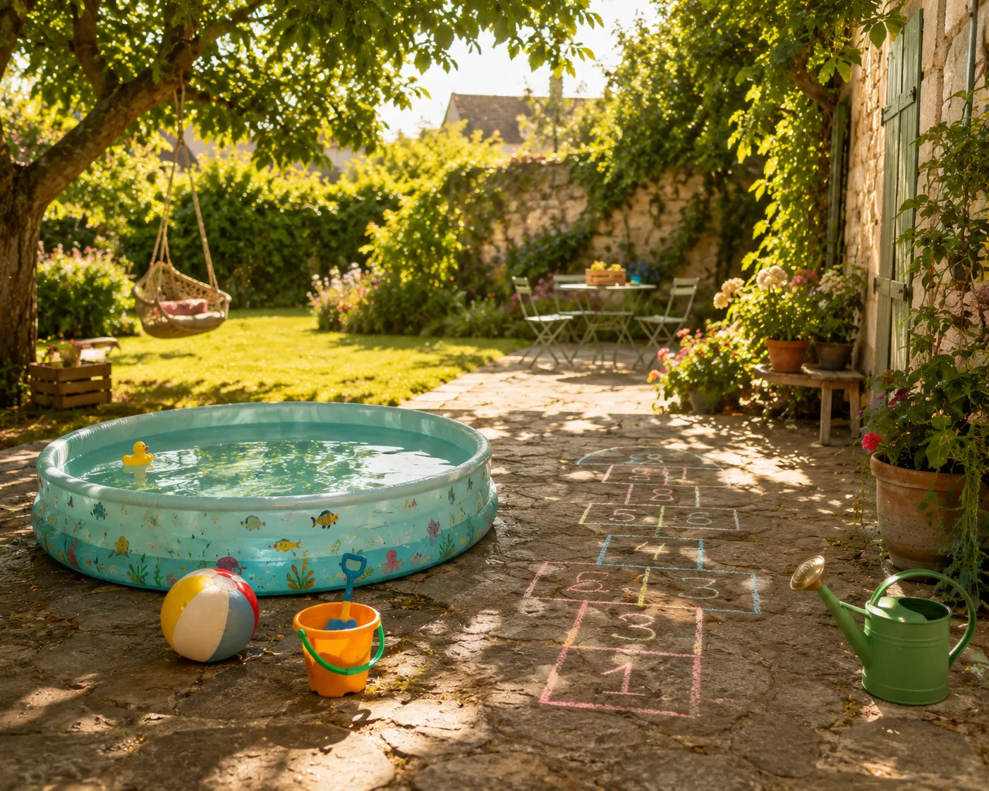 Un jardin l'ete avec une petite piscine gonflable sur une terrasse en pierre, une marelle dessinee a la craie, un ballon, un seau et un arrosoir, dans une lumiere doree.