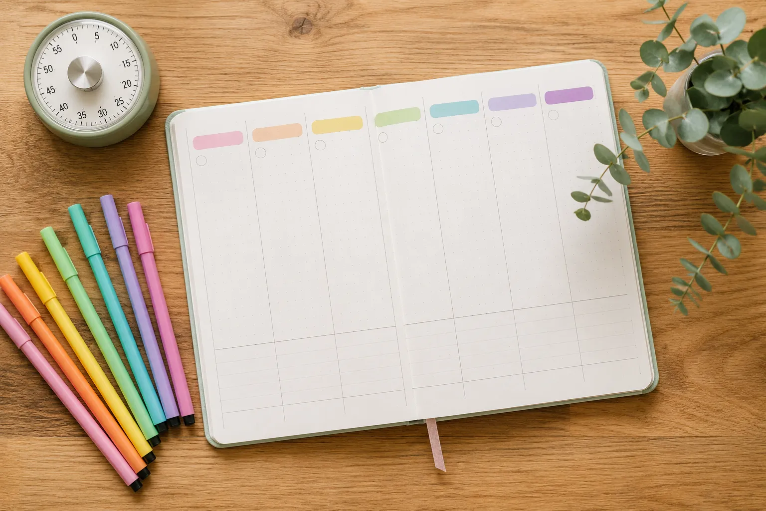 Un carnet de planning hebdomadaire ouvert sur une table en bois, avec des feutres pastel alignes, une minuterie de cuisine et un brin d'eucalyptus.