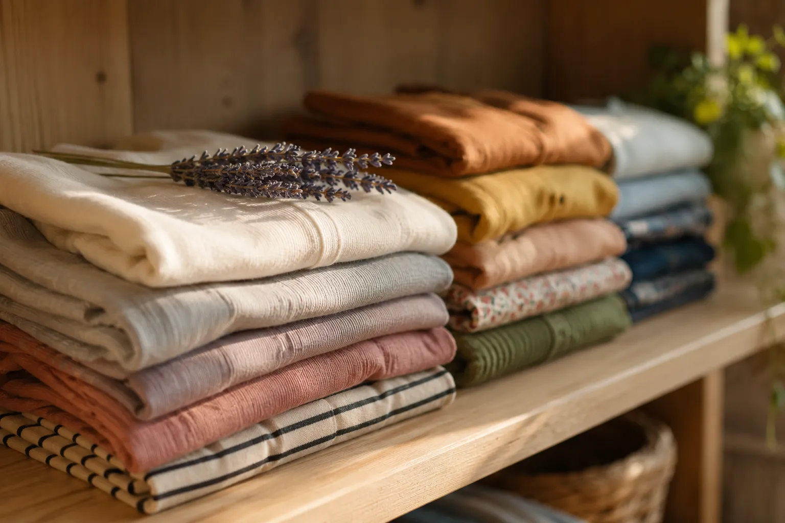 Du linge de maison plie et range par couleur sur une etagere en bois, avec un brin de lavande sechee pose dessus, dans une lumiere chaude.