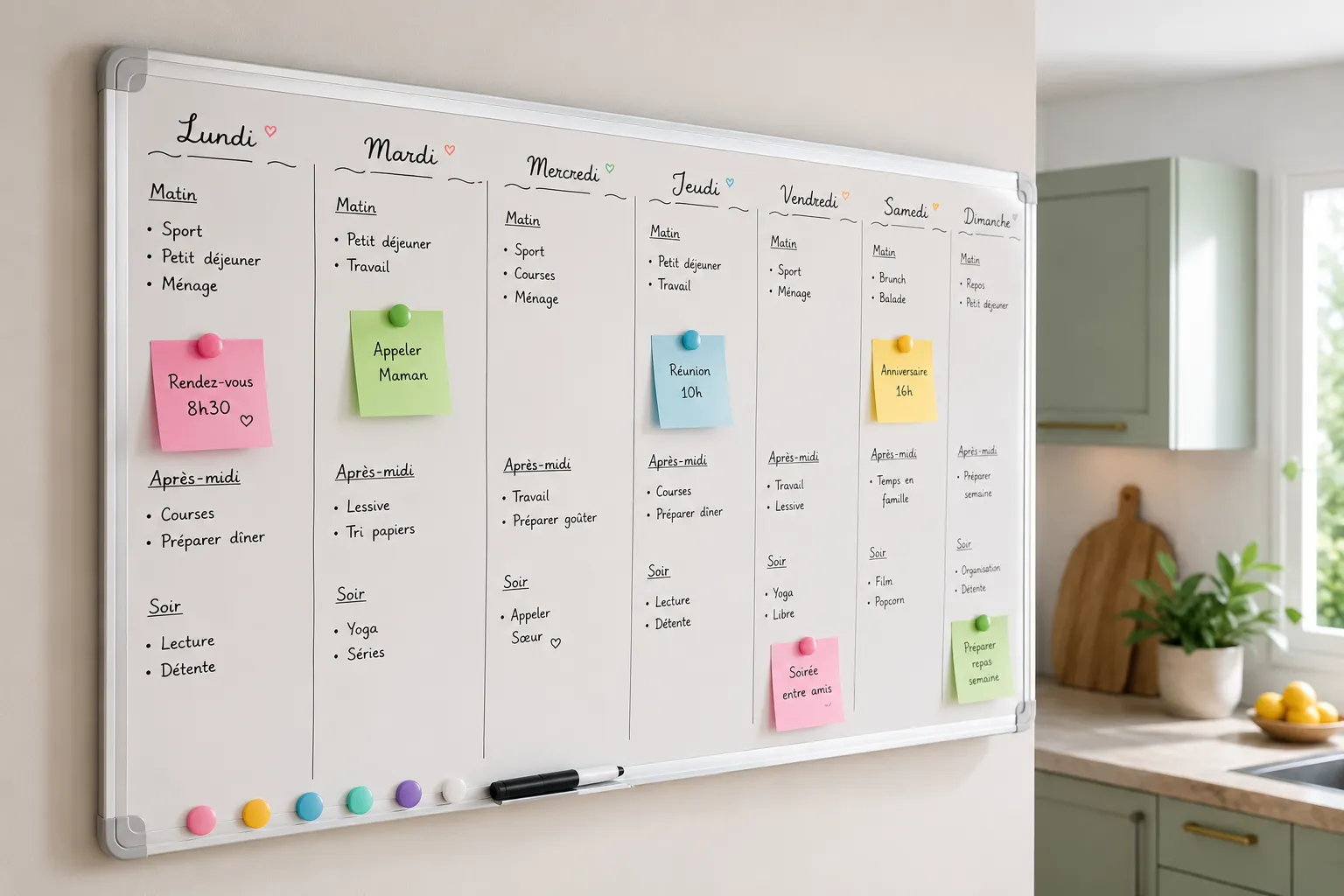 Un tableau hebdomadaire accroche au mur d'une cuisine lumineuse, avec sept colonnes de jours ecrites a la main, des aimants de couleur et des petites notes.