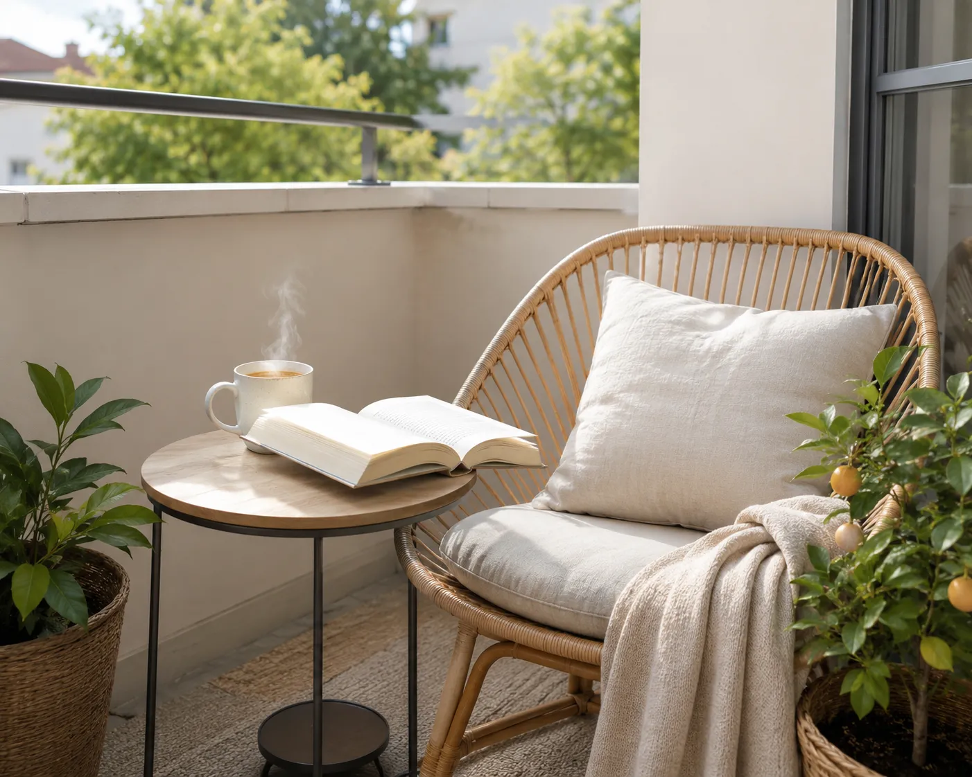 Un coin de balcon paisible avec un fauteuil en rotin, un coussin en lin, un livre ouvert et une tasse de cafe fumante sur une petite table, entoure de plantes.