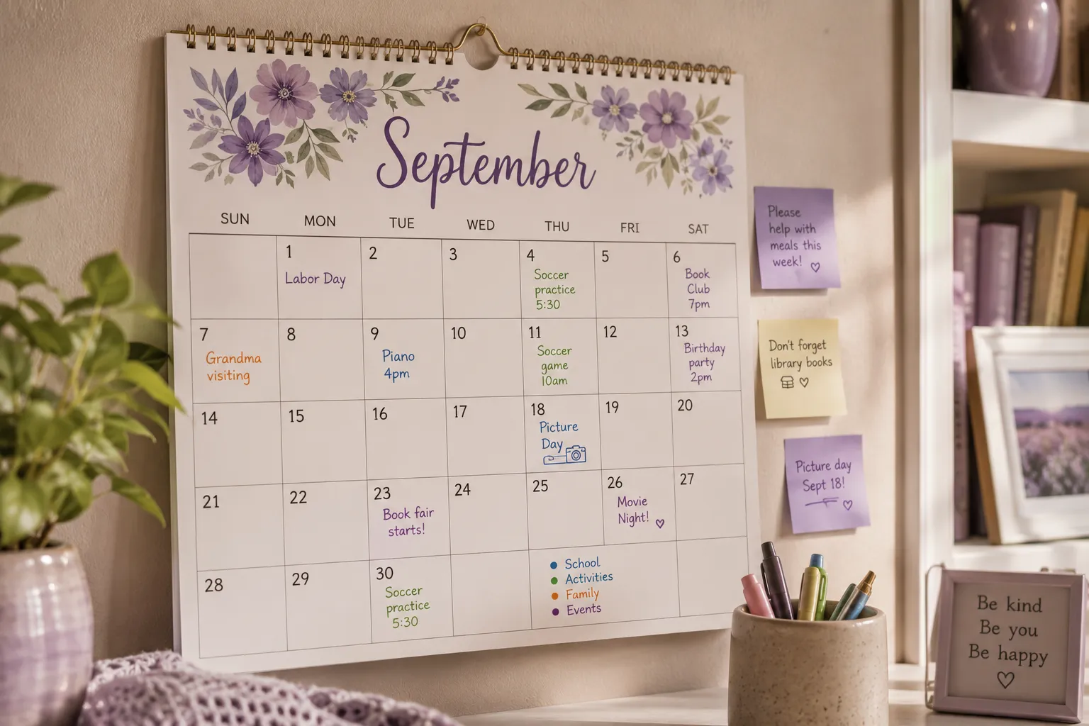 Un calendrier mural de septembre annote, avec des post-it colores autour.