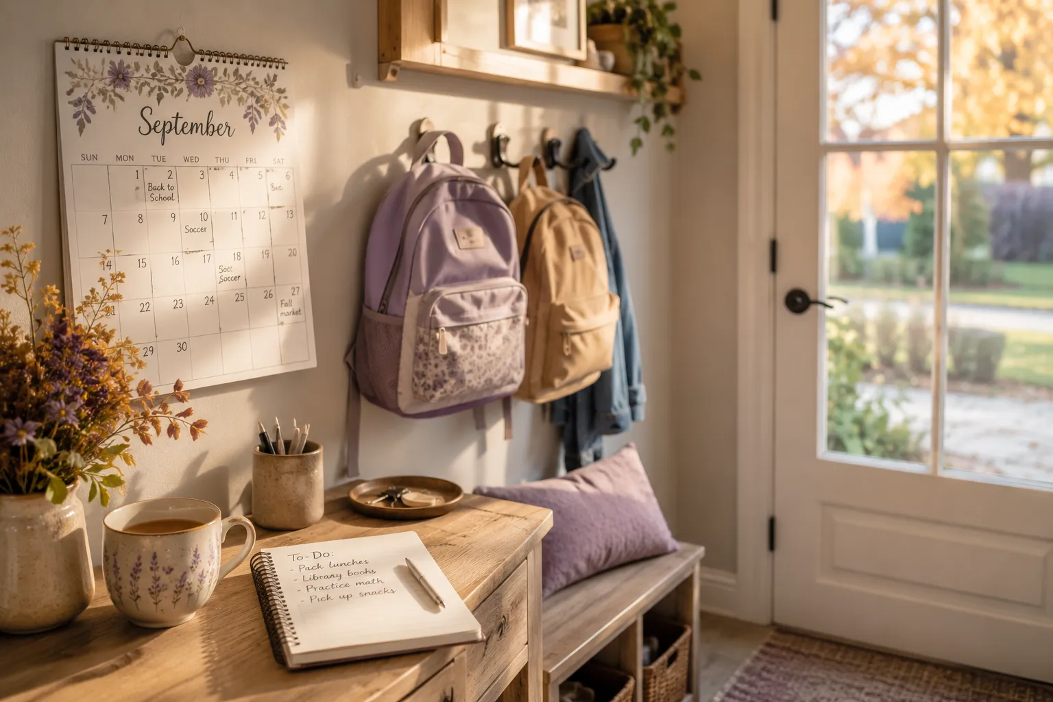 Une entree de maison en automne avec un calendrier de septembre, des sacs a dos accroches et un carnet, dans une lumiere douce.
